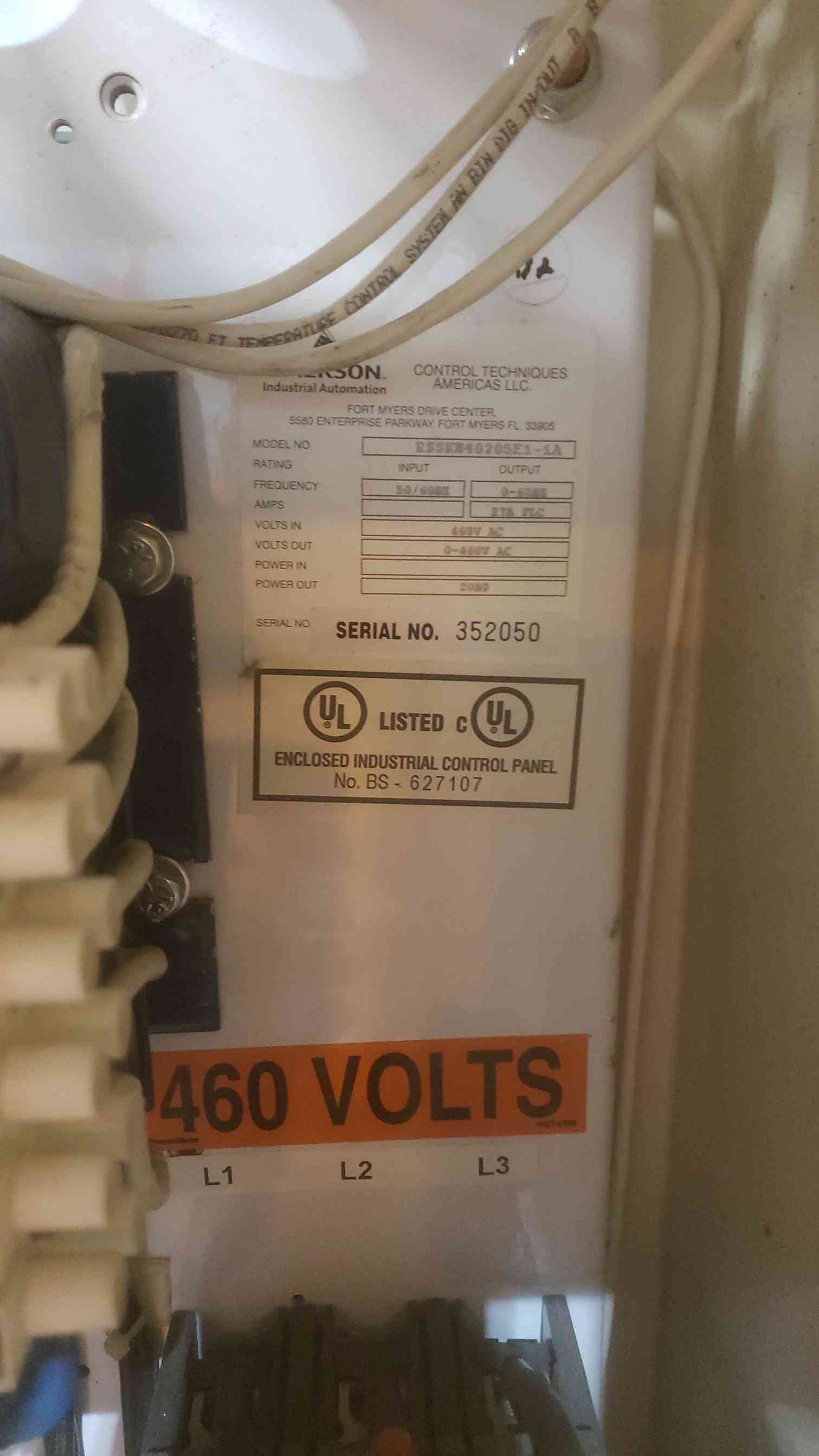 Emerson 480V Industrial Automation Control Panel 7.5 HP 3ph VFD