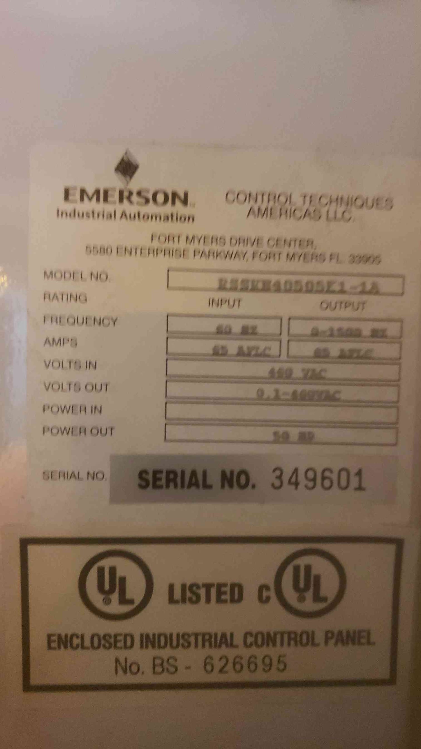 Emerson 460V Industrial Automation Enclosure RSSKN40505E1-1A VFD