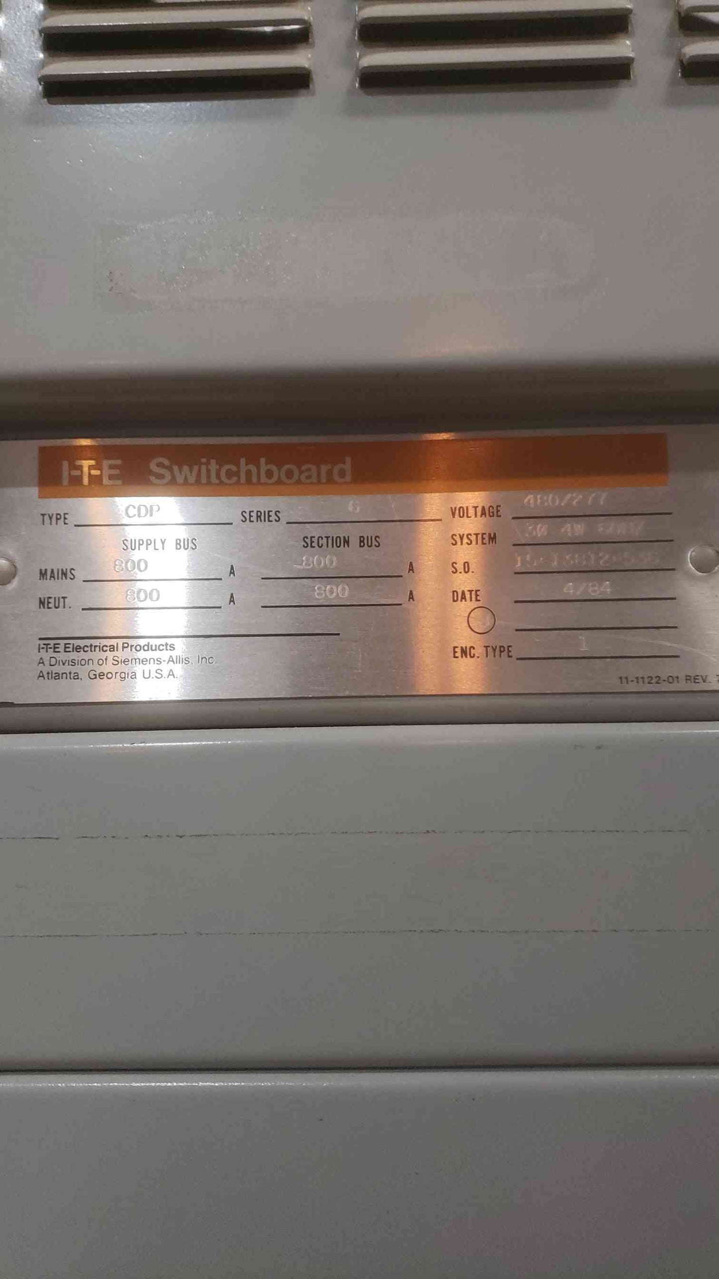 I-T-E 800A 480Y/277V 3PH 4W Switchboard (SKU: 110714)
