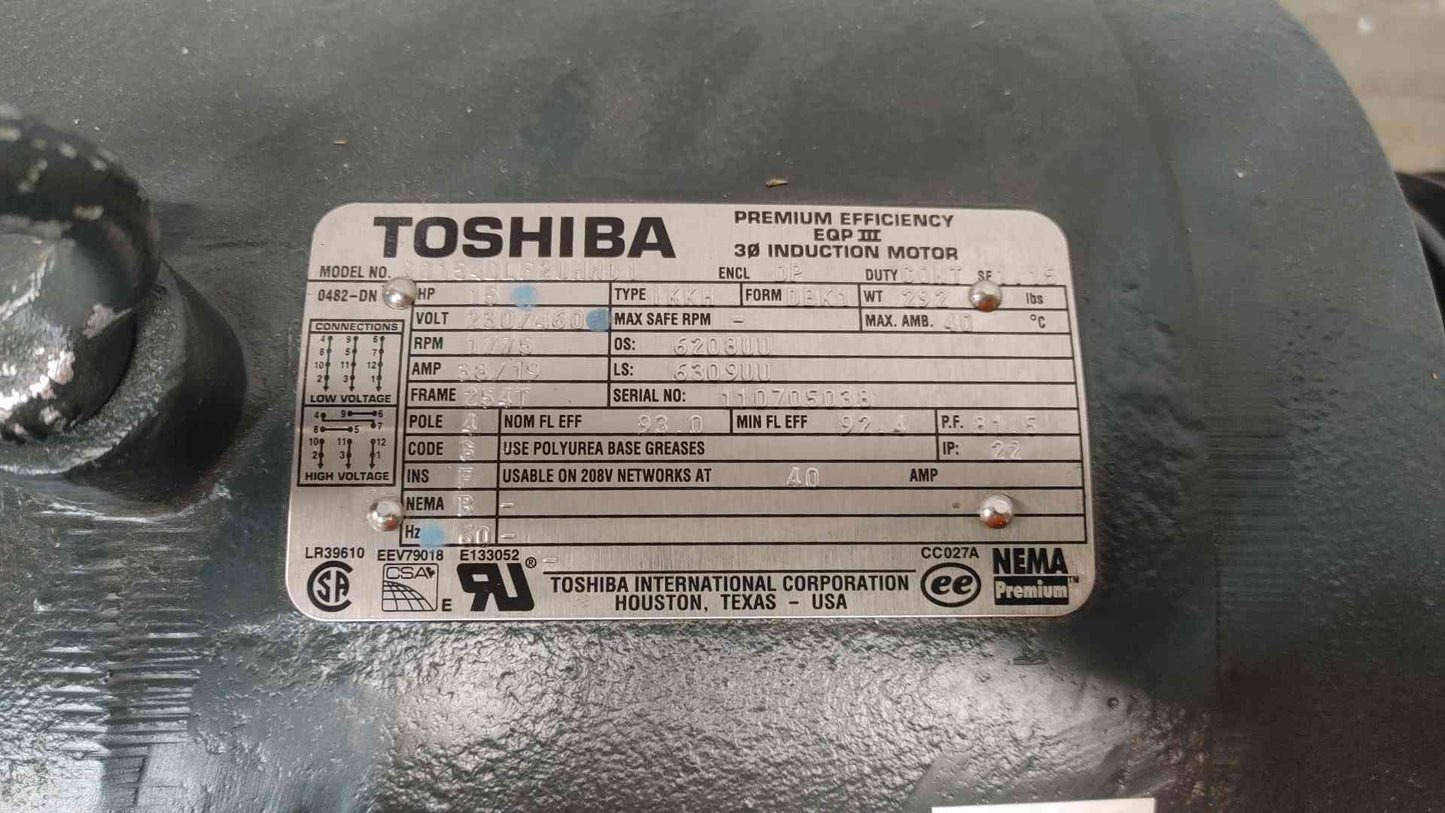 TOSHIBA 15HP 230/460V 38/19A 3PH Motor B0154DLF2UMH01 (SKU: 110731)