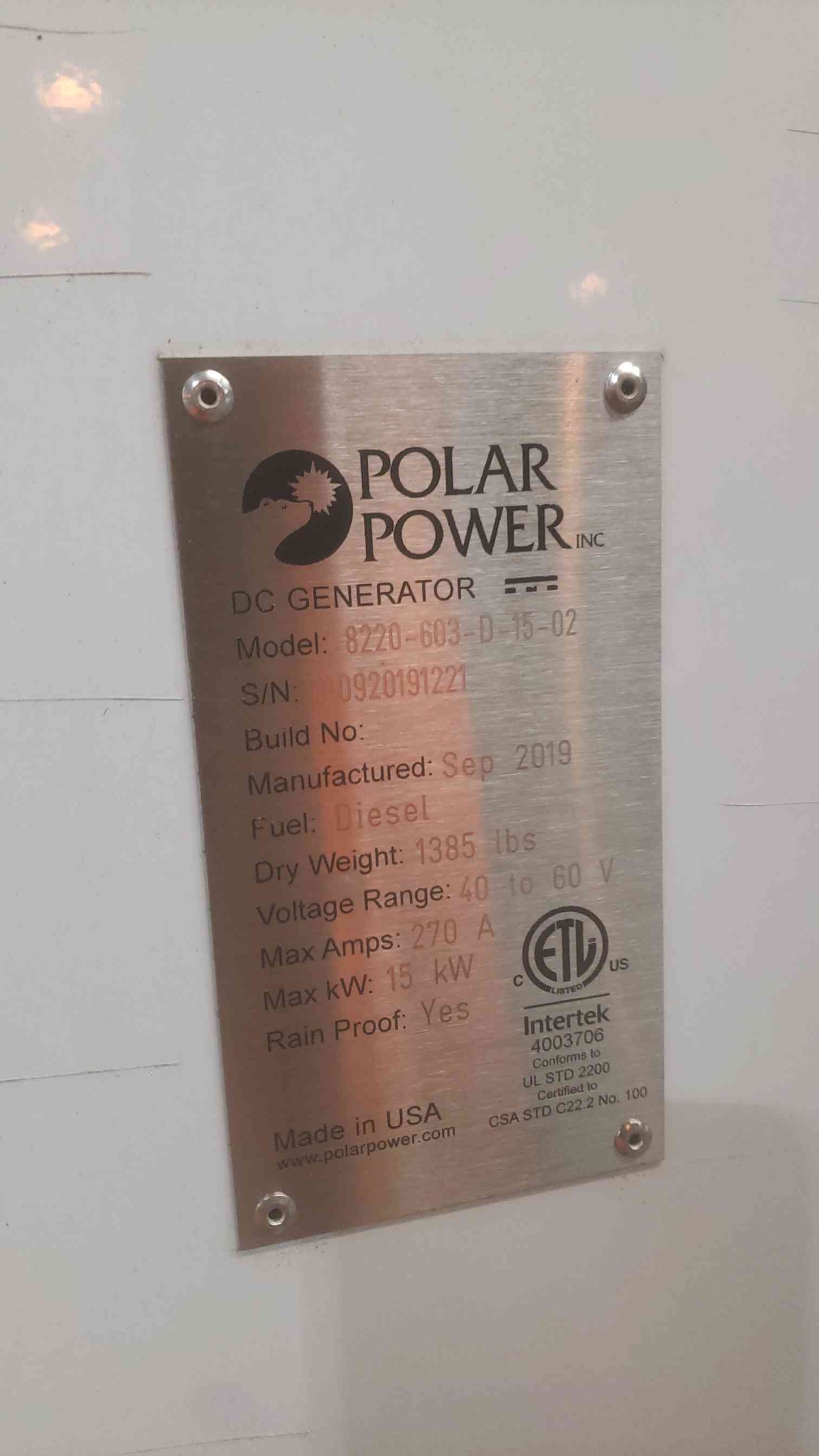 15KW POLAR POWER 40/60V 270A Diesel DC Generator 8220-603-D-15-02 62 Hrs. (SKU: 110787)