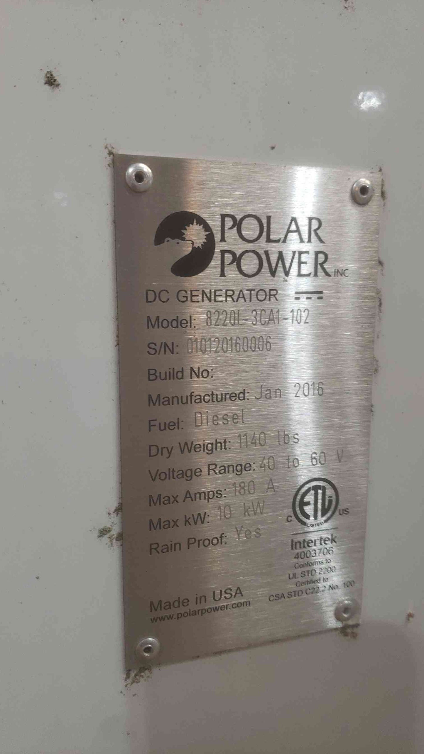 10KW POLAR POWER 40/60V 180A Diesel DC Generator 82201-3CA1-102 330Hrs(SKU: 110788)