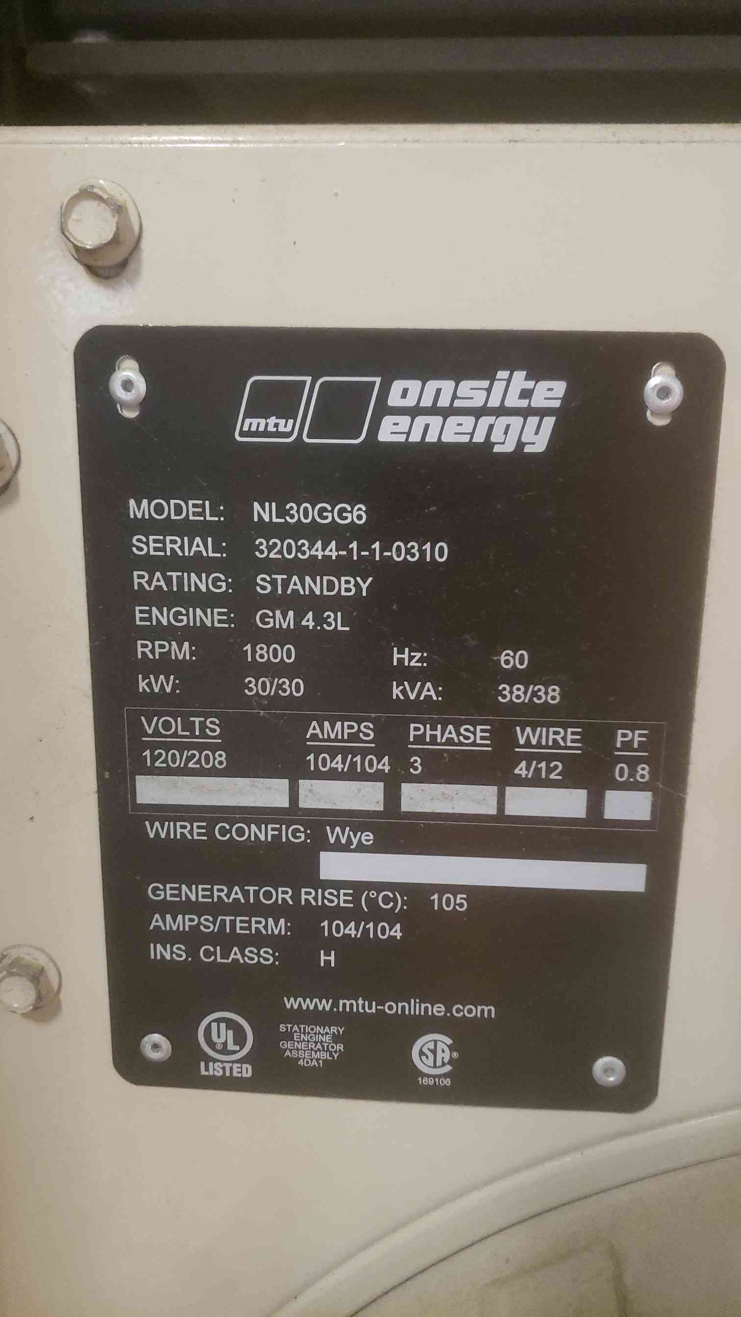 30KW MTU 120/208V 104A 3PH Nat Gas LP Generator NL30GG6 314Hrs(SKU: 110681)