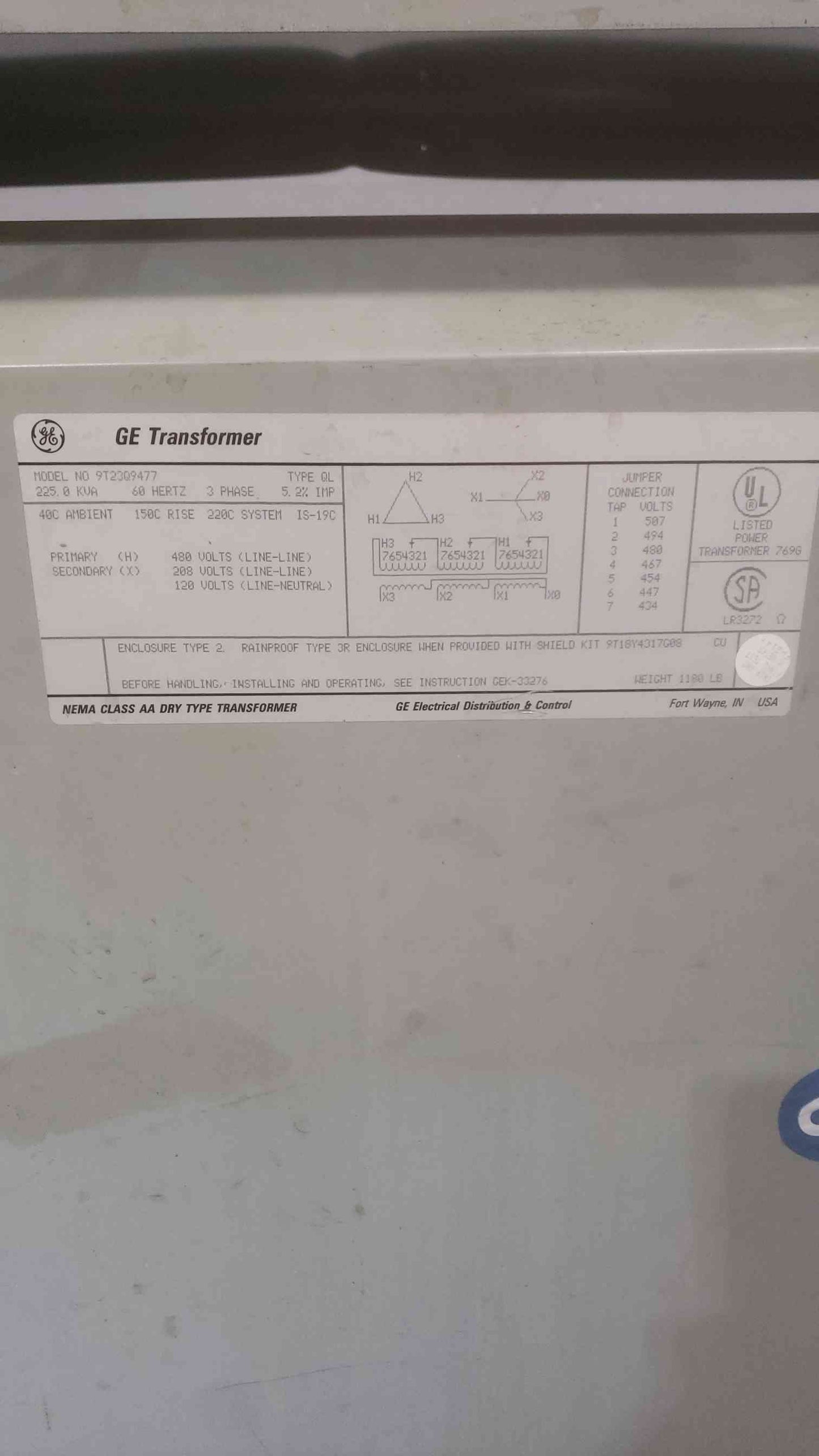 225KVA GE Transformer 60Hz 3PH 9T23Q9477 480 208/120