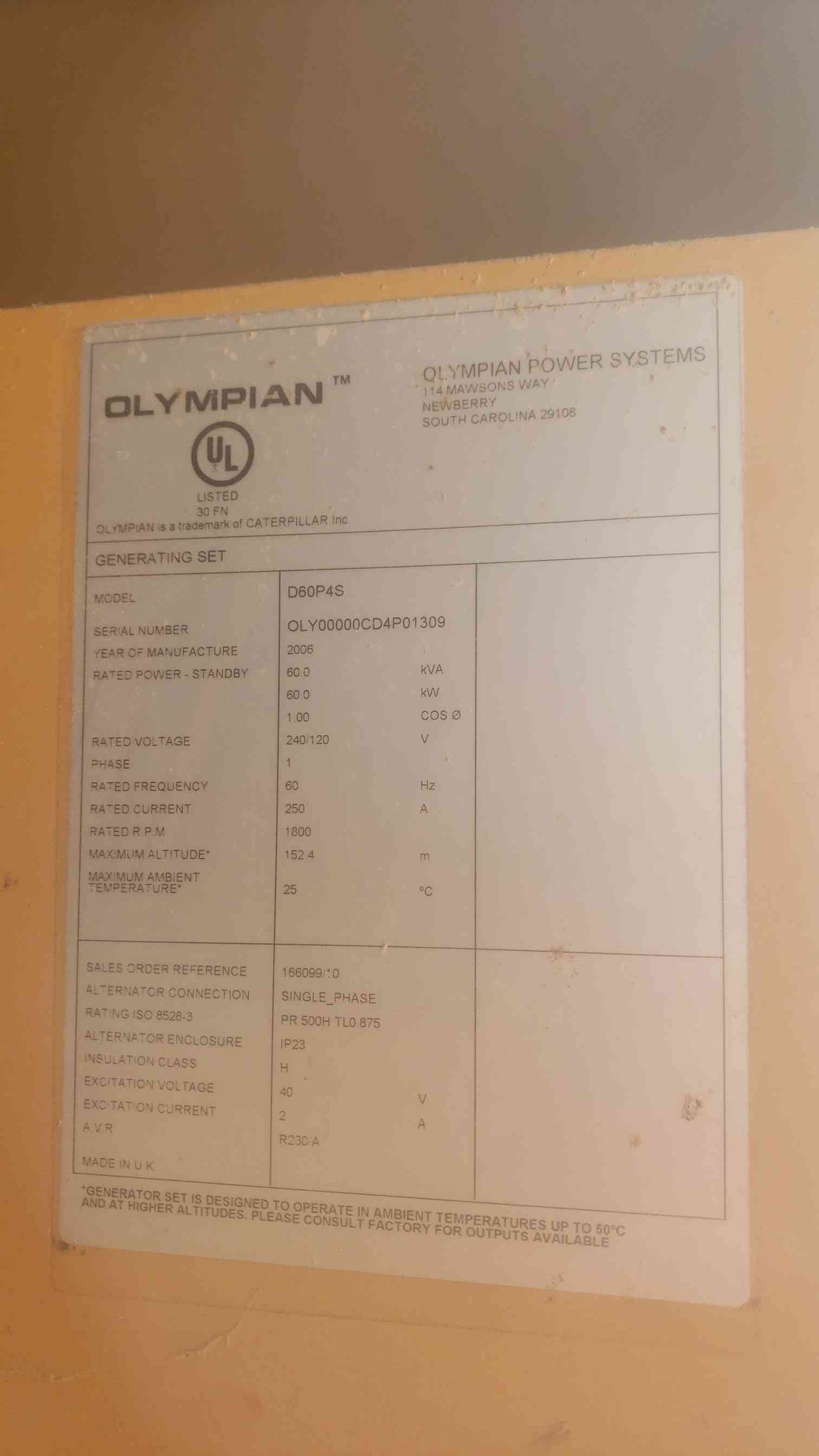 60KW CAT OLYMPIAN 1PH Diesel Generator D60P4S 848Hrs TESTED (SKU: 110803)
