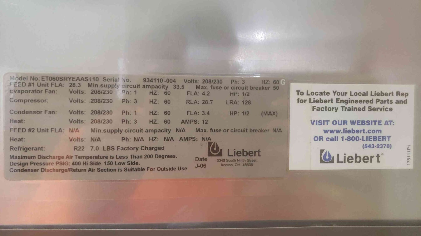 Liebert 5 Ton 208/230 3PH 60Hz Packaged Wall AC ET060SRYEAAS110 Bard (SKU: 110866)