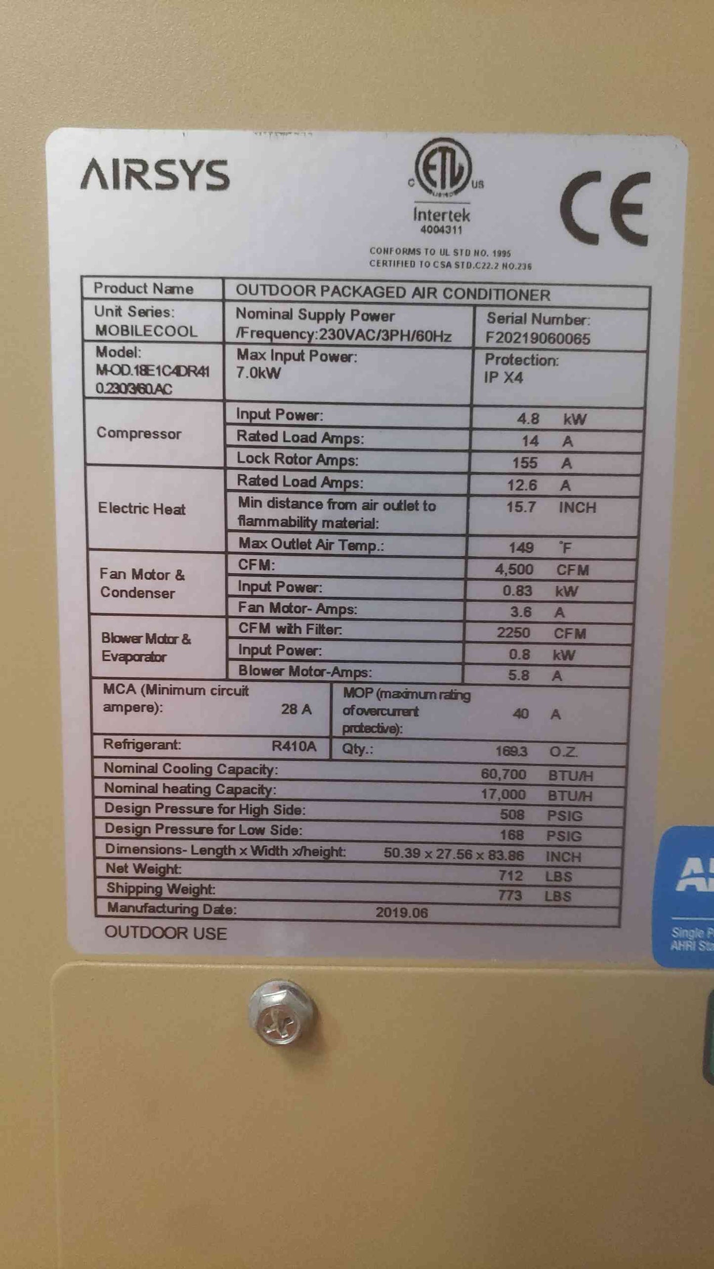 AIRSYS 5 Ton MOBILECOOL 2019 Packaged AC Wall Mount 230VA/3PH/60Hz Outdoor R410A Bard
