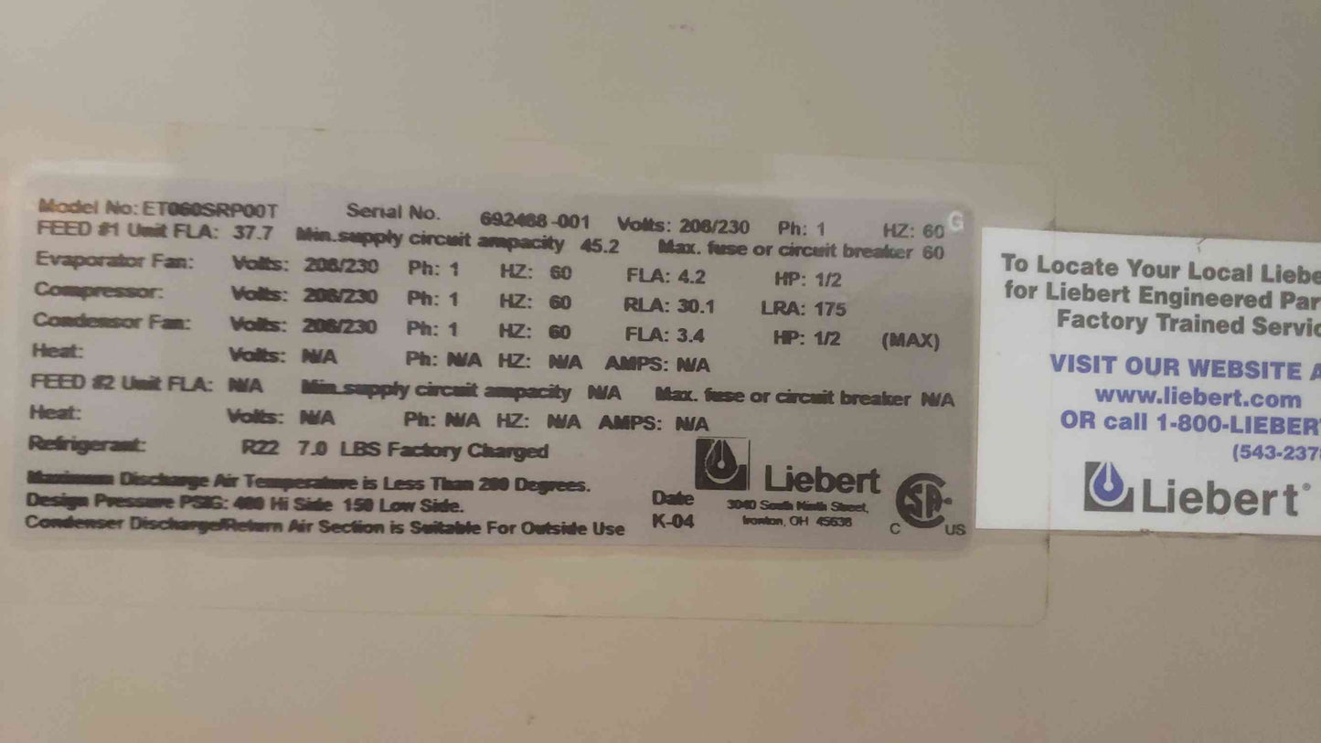 Liebert 5 Ton 208/230 1PH Packaged Wall Mount AC ET060SRP00T Bard (SKU: 110865)