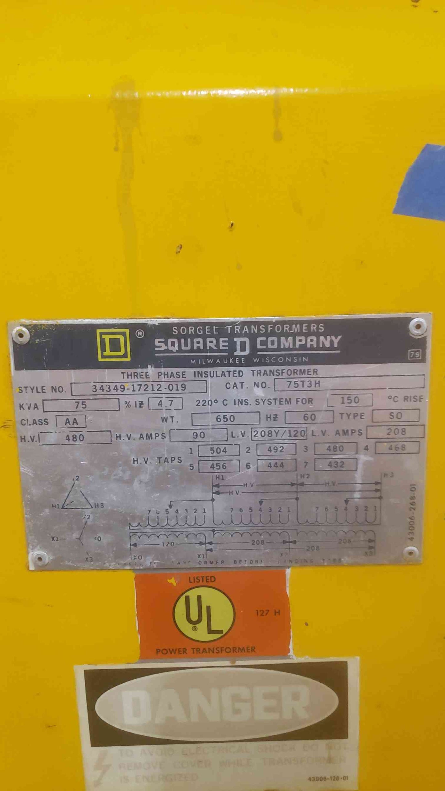 75KVA SQUARE D 480V x 208Y/120V 3PH Insulated Dry Type Transformer 75T3H (SKU: 110892)