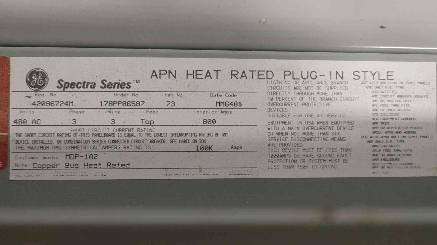 GE Spectra Series 800A 480VAC 3PH 3W Top Feed 4 Breaker Panelboard (SKU: 110906)