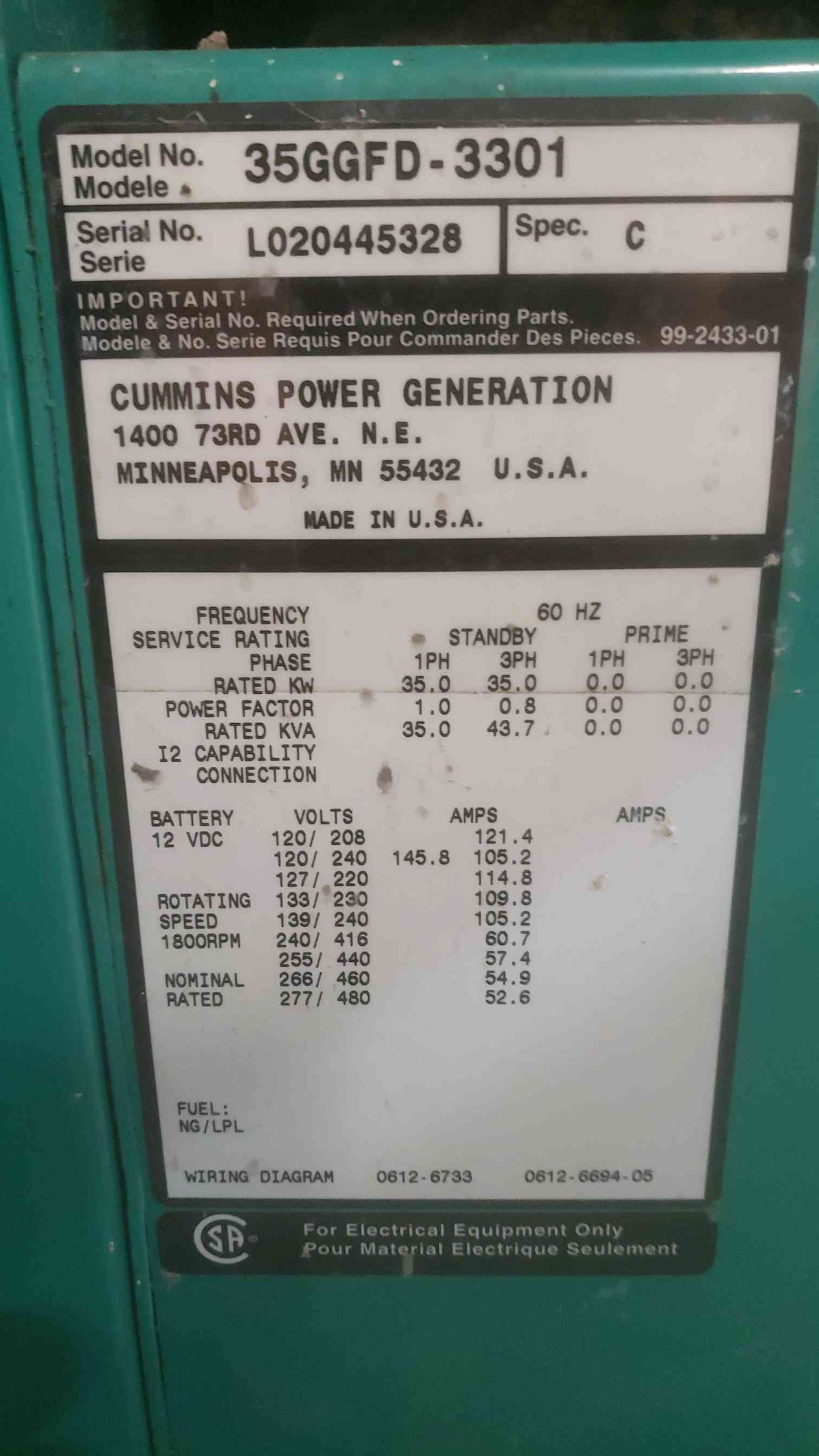 35KW Cummins Onan 1&3PH 145.8A Nat Gas LP Generator 974.8Hrs TESTED (SKU: 110932)