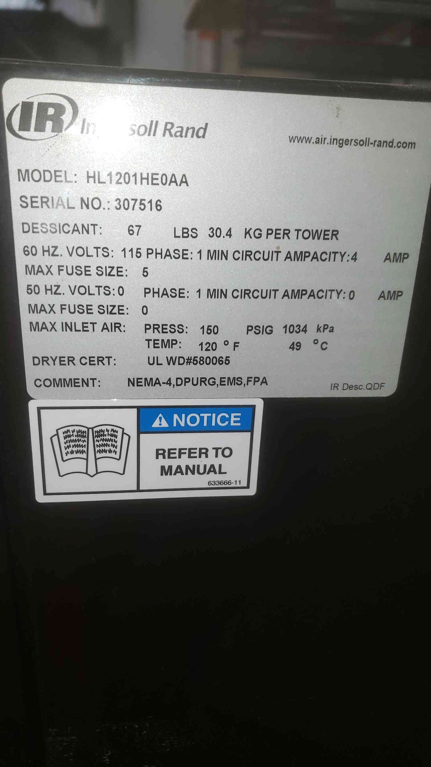 Ingersoll Rand 60Hz 115V 1PH Heatless Desiccant Air Dryer HL1201HE0AA for Air Compressor (SKU: 110966)