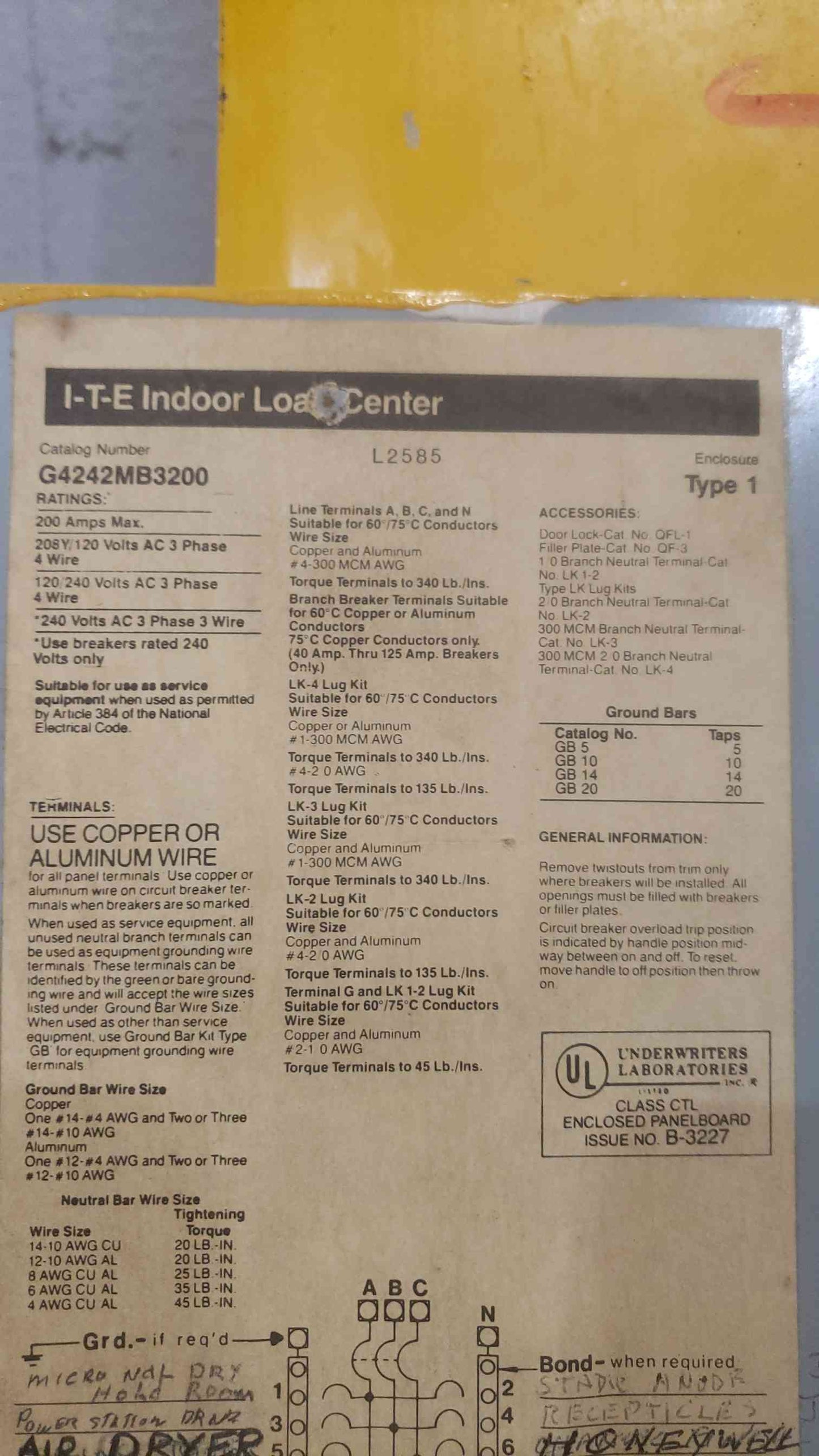 I-T-E 200A 208Y/120 3PH 4W Panelboard G4242MB3200 & Main (SKU: 110984)