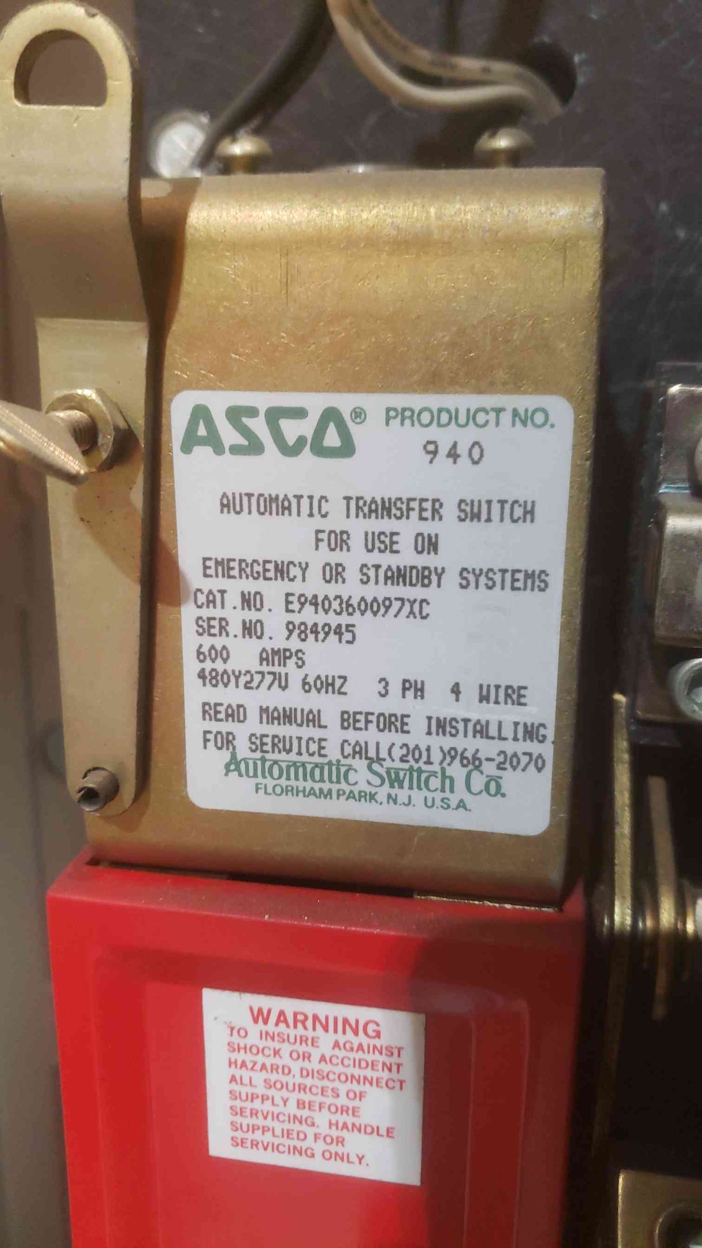 ASCO 600A 480Y/277 3PH 4W ATS E940360097XC 940 Series Automatic Transfer Switch (ATS)