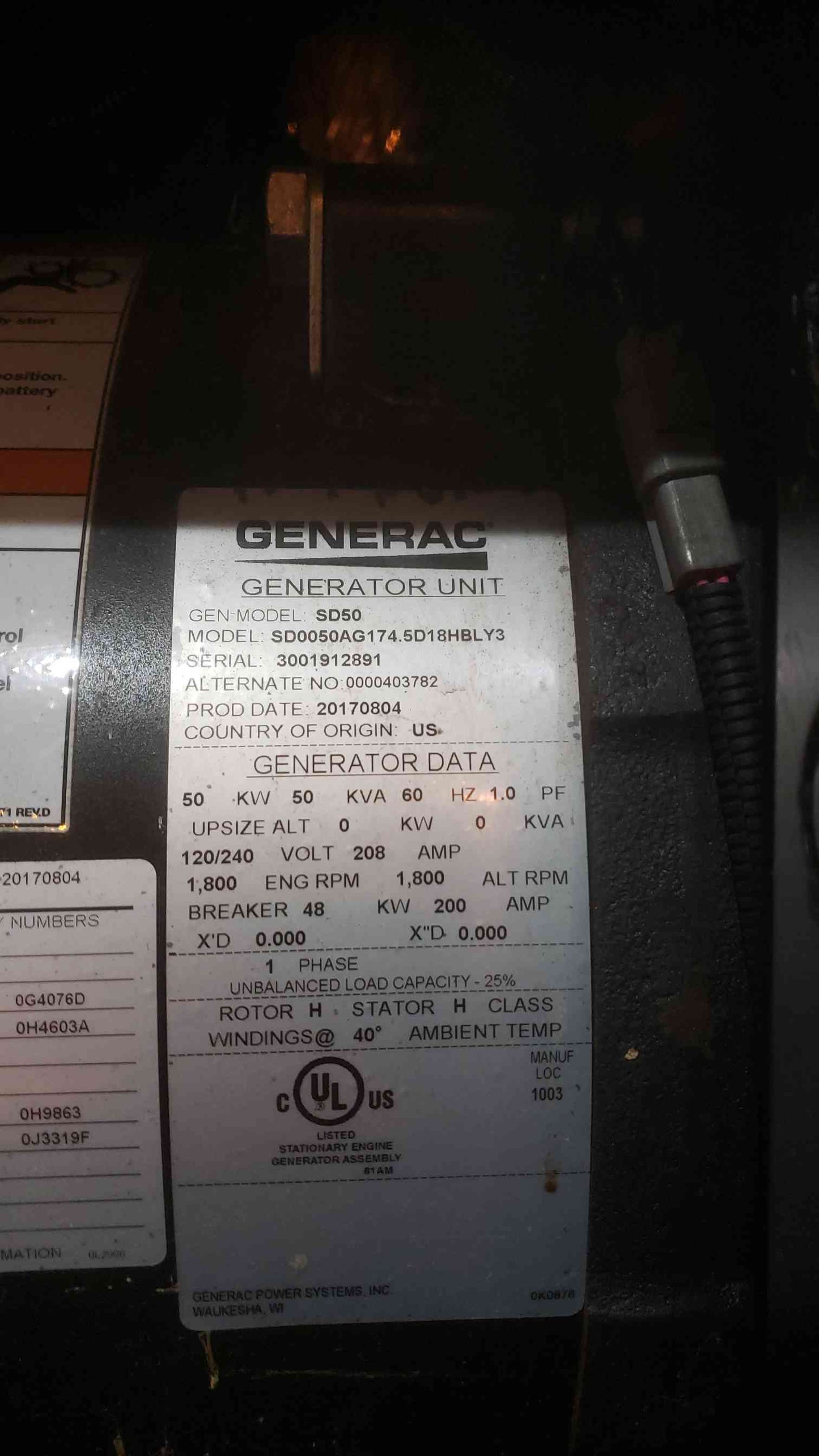 50KW Generac 1PH FPT Diesel Generator SD50 420.8Hrs 2017 (111003)