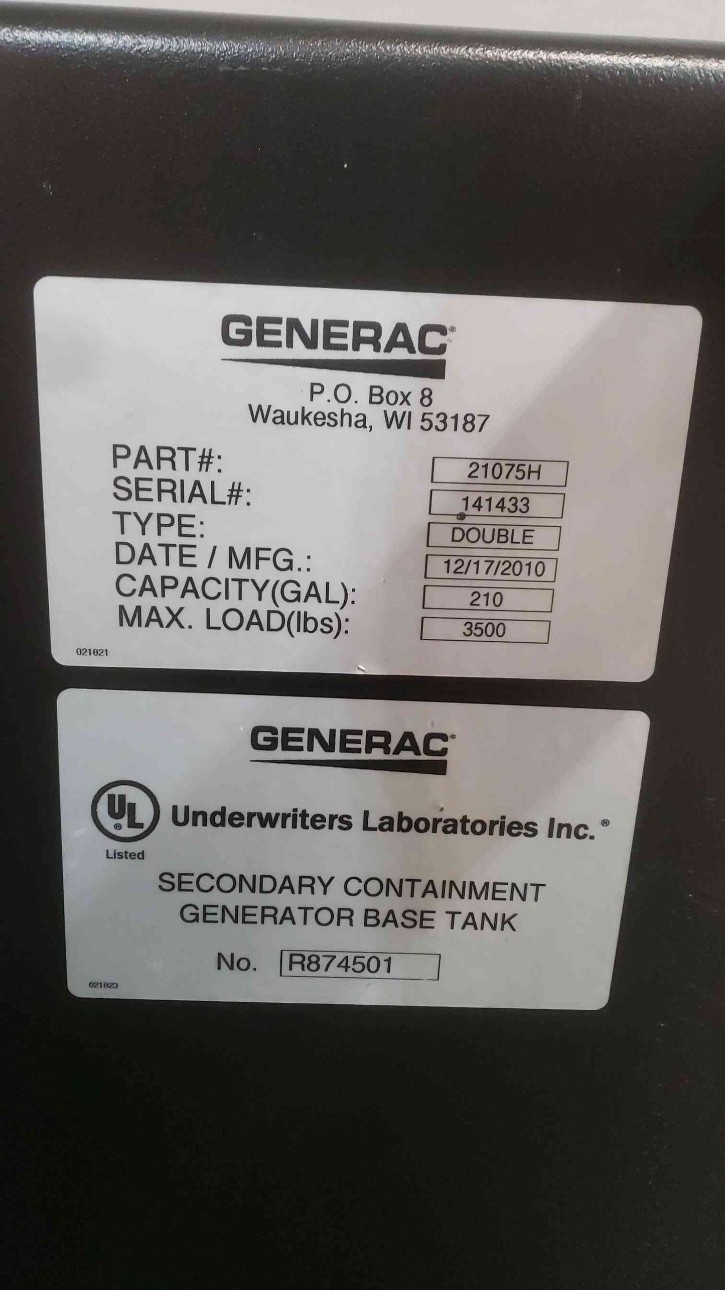 Generac Double Wall 210 Gallon Diesel Fuel Tank 21075H (SKU: 111382)