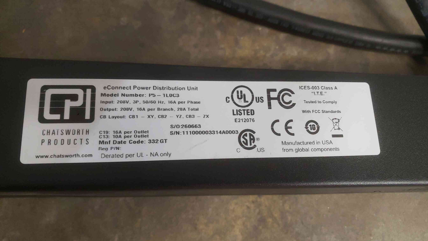 CPI 208V 18 Plug In PDU Strip P5-1L0C3 (SKU: 111847)