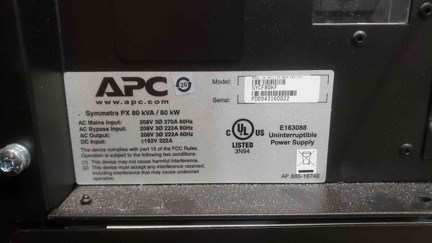 APC Symmetra PX 60KW / 80kW UPS w/ Battery Cab & PDU SYCF8BF