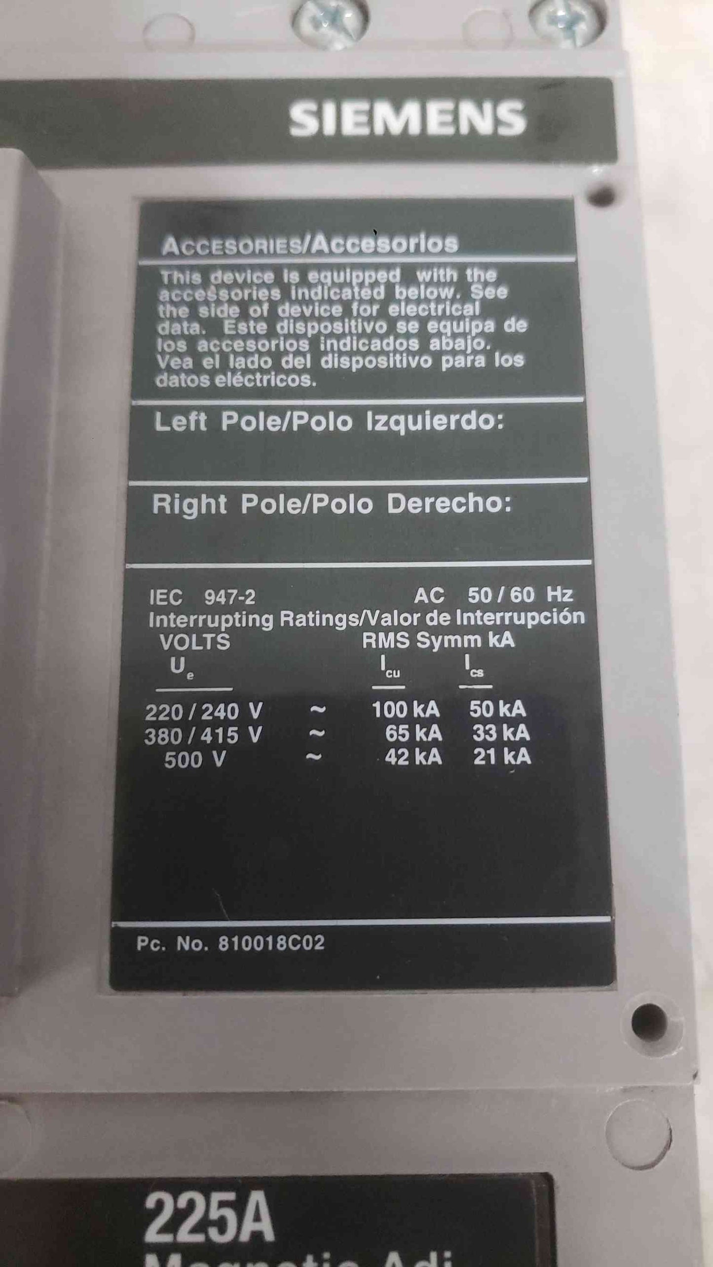 Siemens Sentron 400A Frame 225A Trip 3 Pole 600V Breaker HJD63F400 (SKU: 112359)