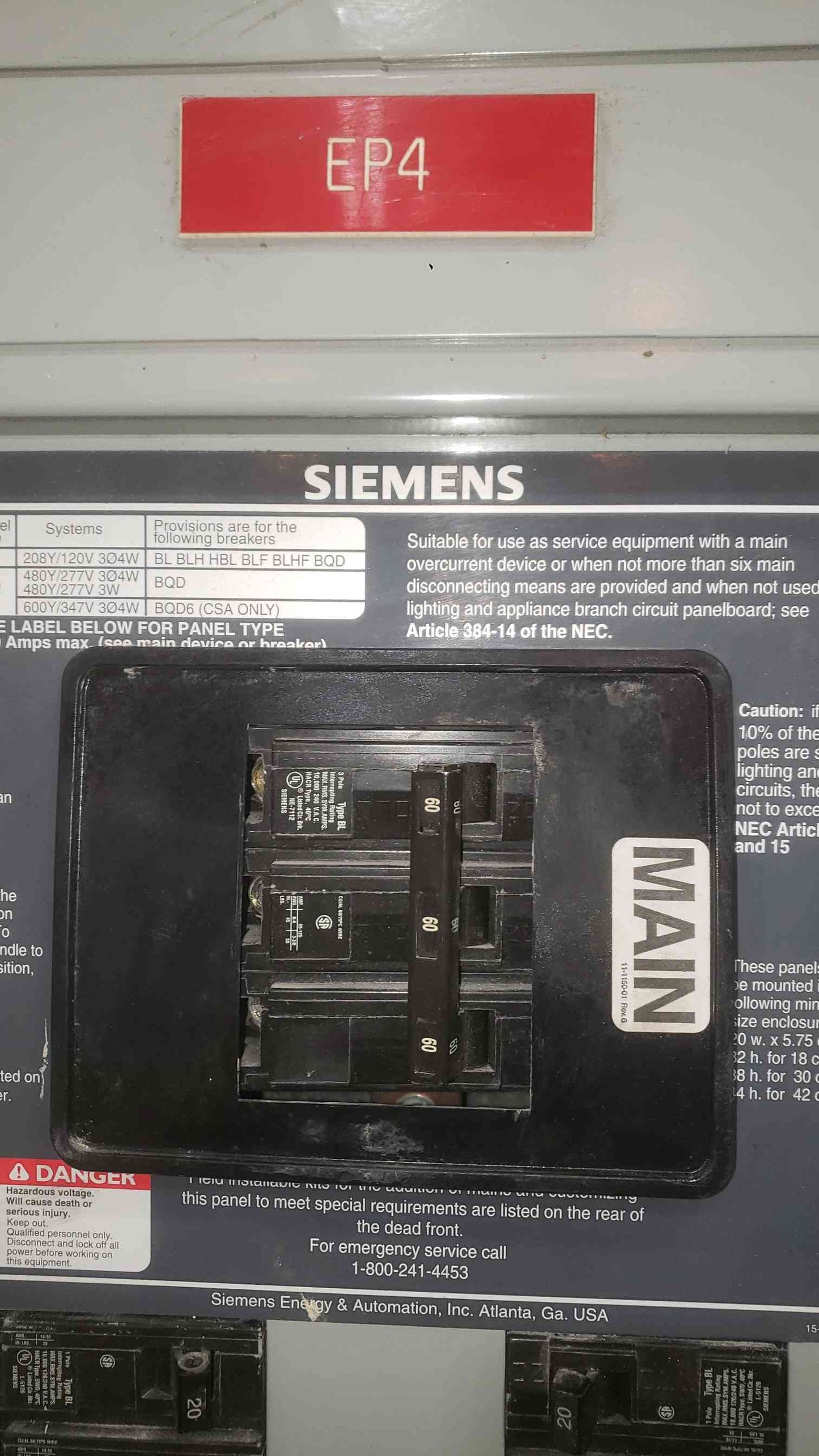 Siemens S1 Panelboard 60A Main 208Y/120V 3PH 4W 42-Cir COPPER BUS Loaded BL Type (SKU: 112387)
