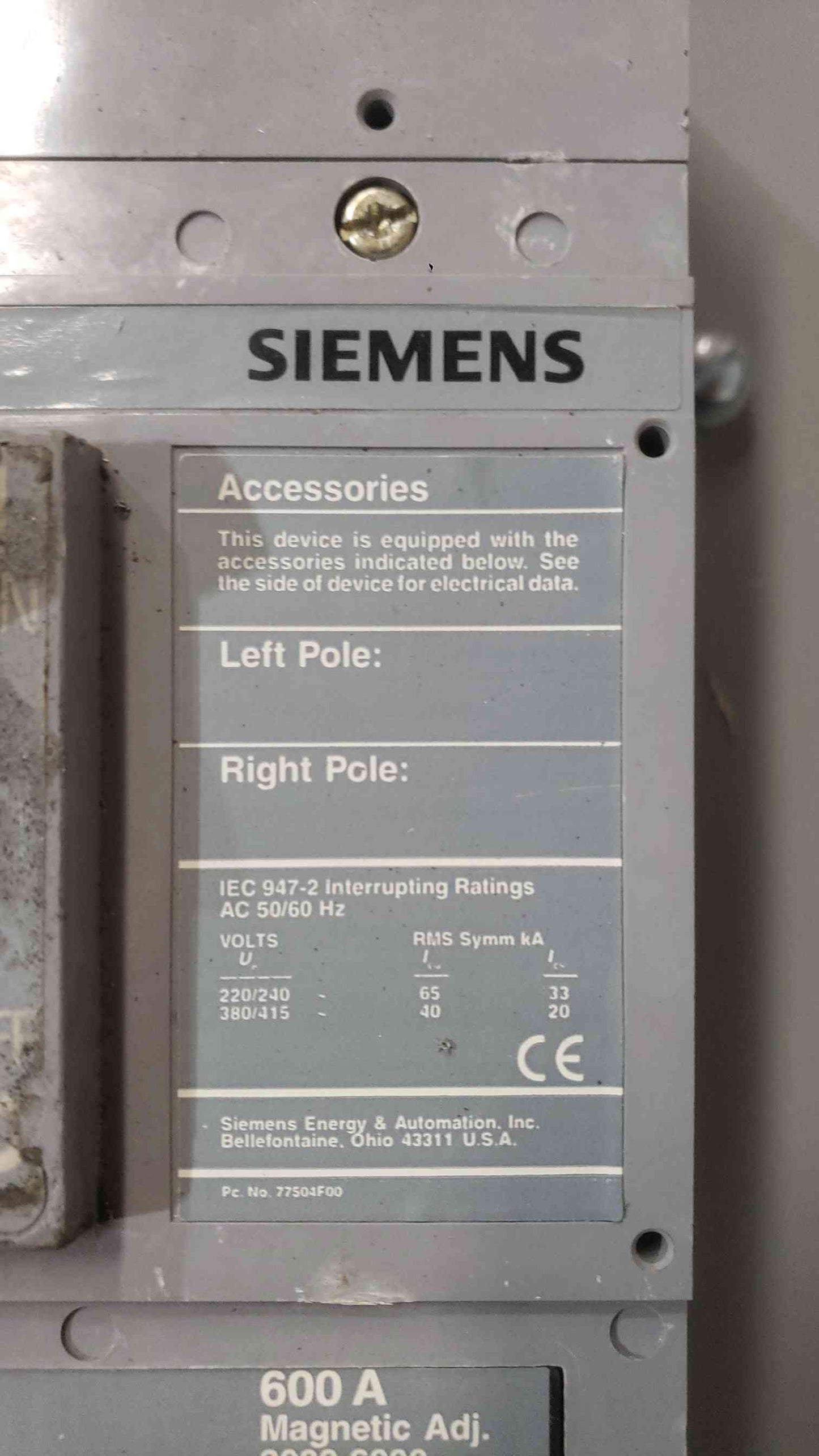 Siemens 600A 600VAC Circuit Breaker Enclosure LD6N1 Siemens Sentronâ„¢ LXD63B600(SKU: 112389)
