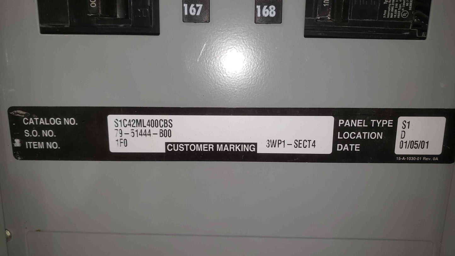 Siemens 400A 3PH 4W Panelboard Loaded w/ 3-Pole 100A & 30+ Branch Breakers(SKU: 112515)