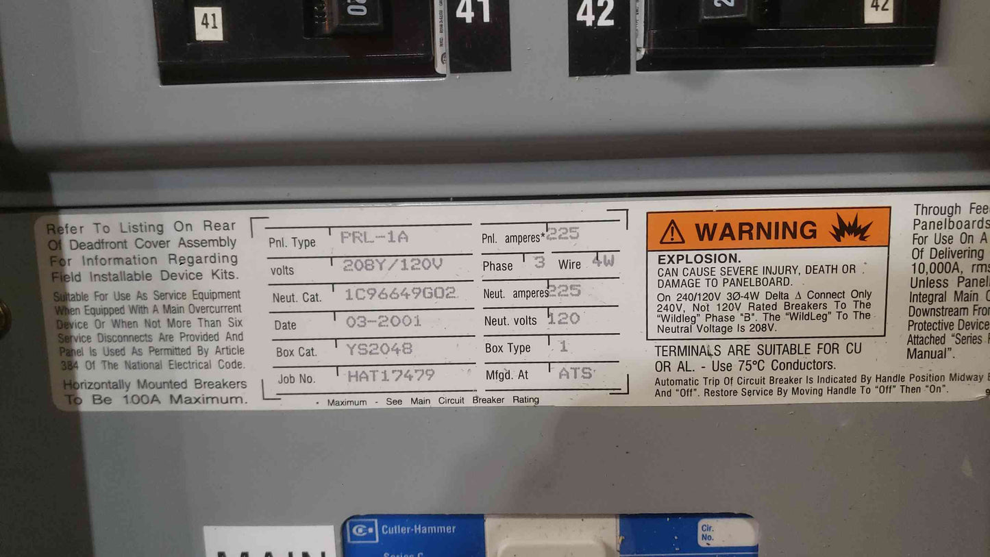 Cutler-Hammer PRL-1a 225A 120/208V 3PH Panelboard LOADED w/ 42 Bolt-On Breakers (SKU: 112518)