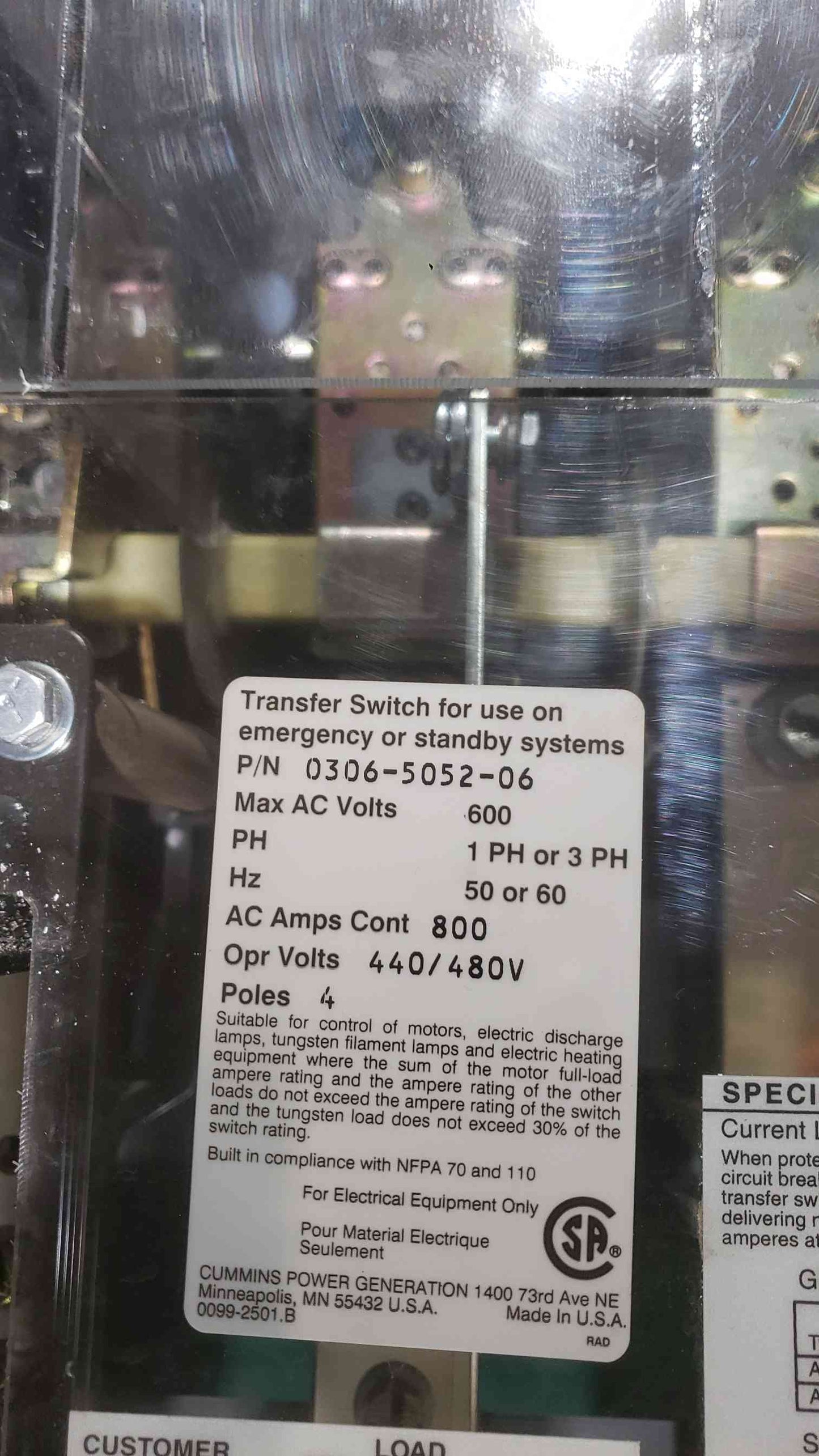 Cummins 800A 480V ATS Transfer Switch OTPCD 5935243 (SKU: 112551)