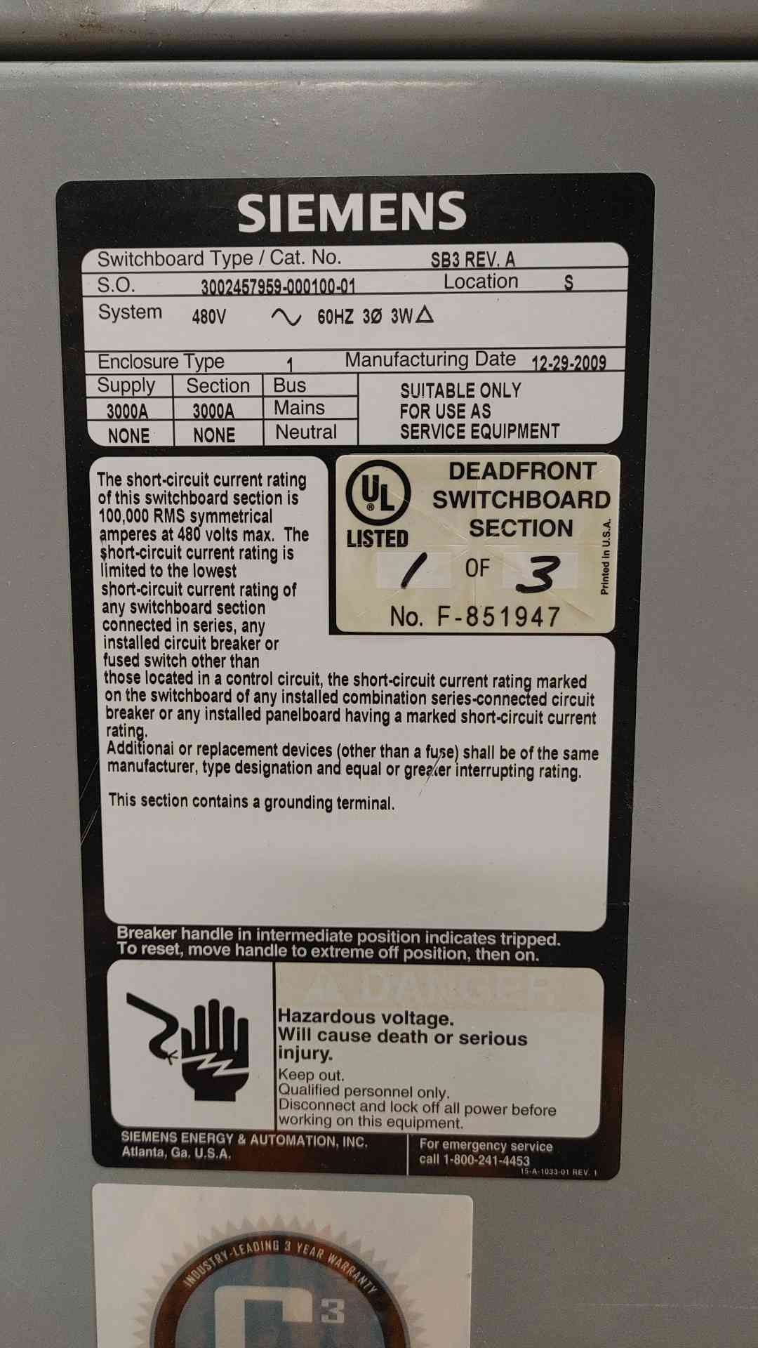 Siemens 3000A Cubicle Bus Switchgear Lineup 1x 3000A Main 2x 2500A Dist WLL2D330 & WLL2D325