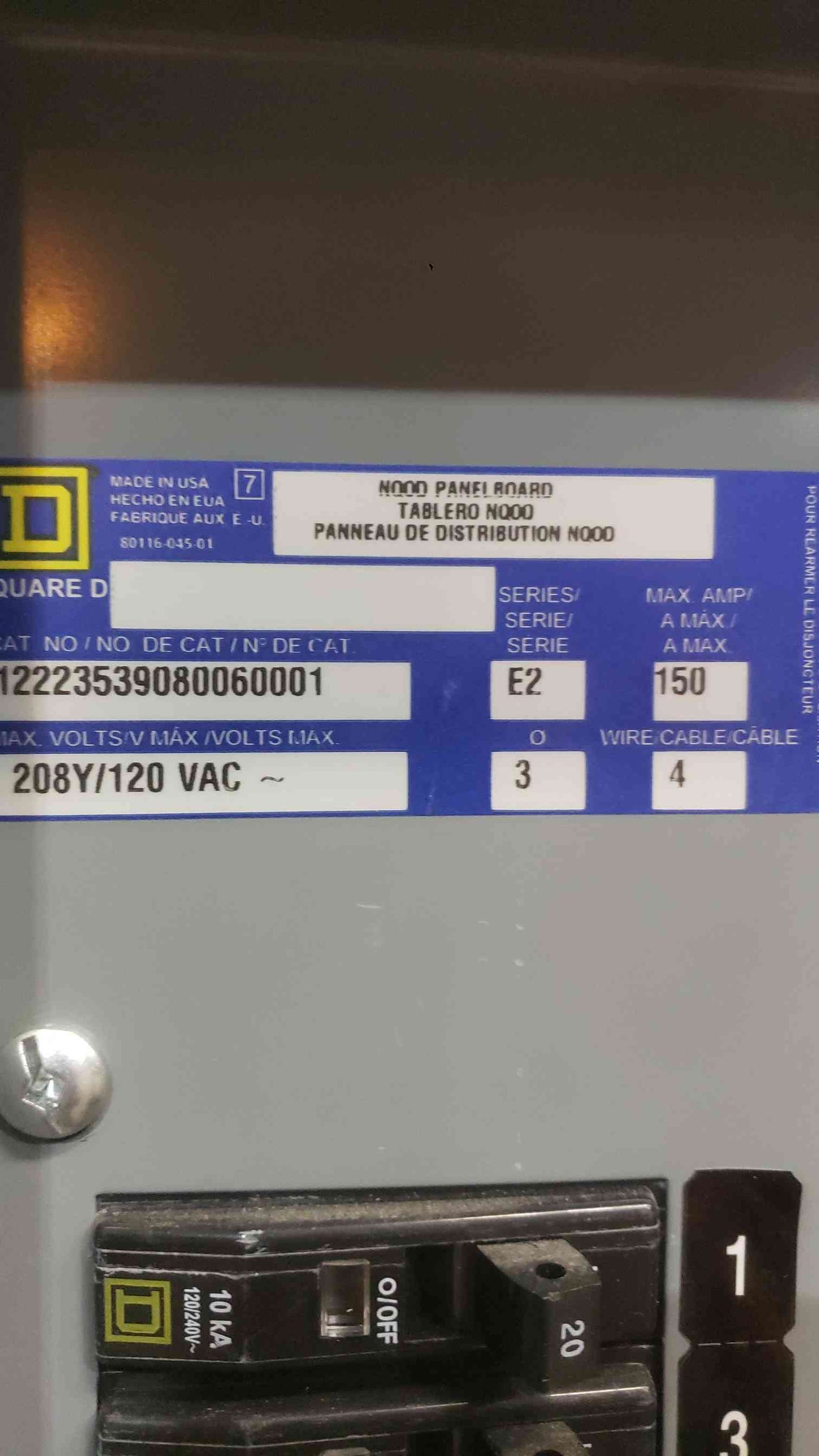 Square D NQOD 150A Panelboard 208Y/120V 3-Phase 4-Wire w/ QO Breakers 42-Space (SKU: 112770)