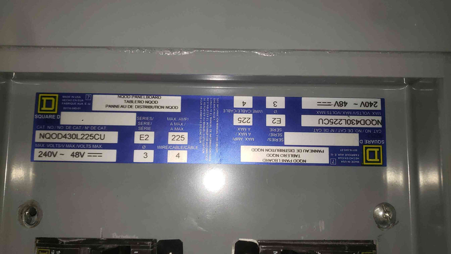 Square D NQOD430L225CU Panelboard 225A 3PH 4W 240V 30-Space Copper Bus w/ Breakers (SKU: 112791)