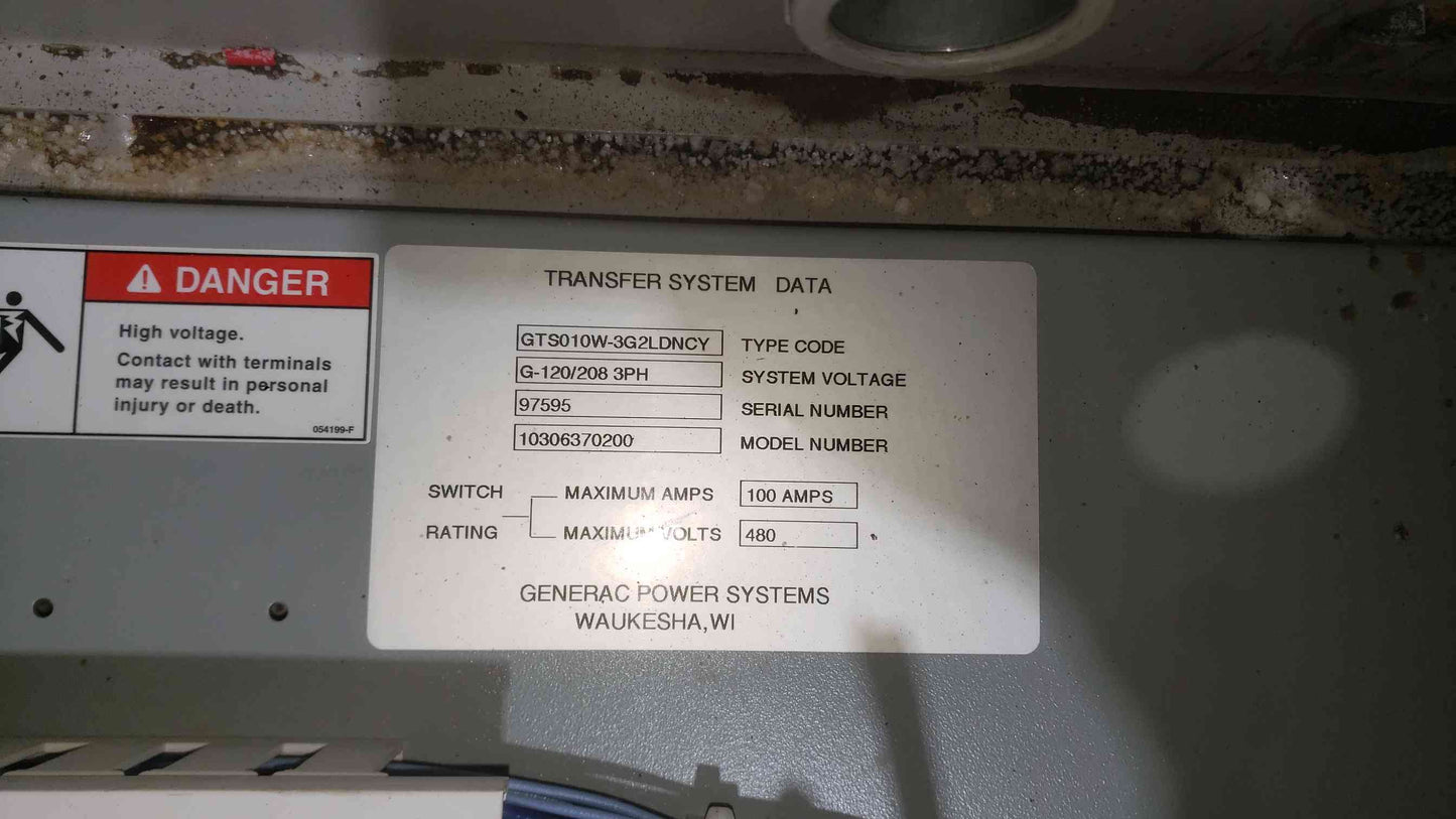 Generac GTS Series 100 Amp 3-Phase Automatic Transfer Switch 120/208V GTS010W-3G2LDNCY (SKU: 112833)