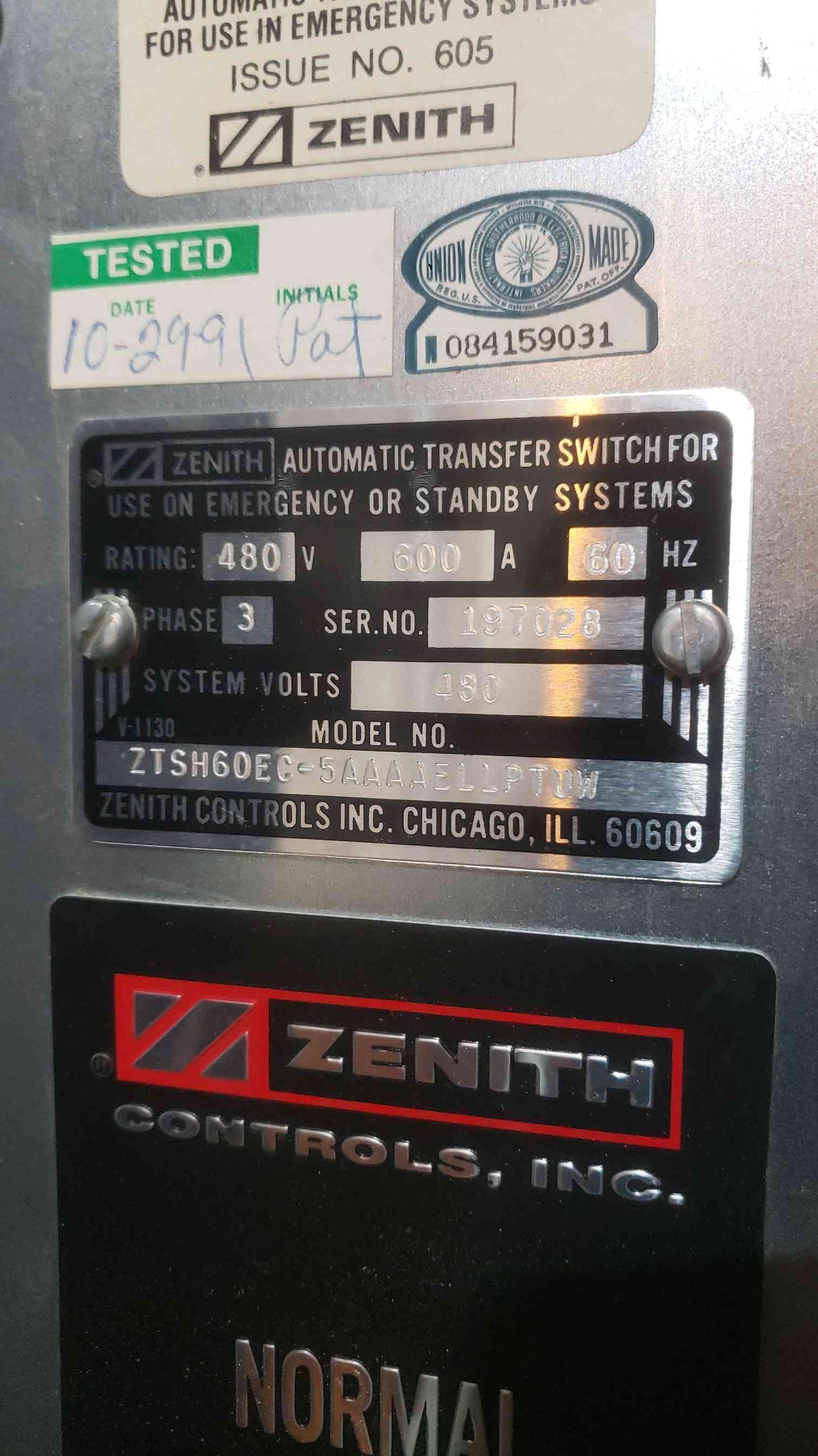 GE Zenith ZTS Series 600A 480V 3PH Automatic Transfer Switch ATS ZTSH60EC-5 (SKU: 112949)