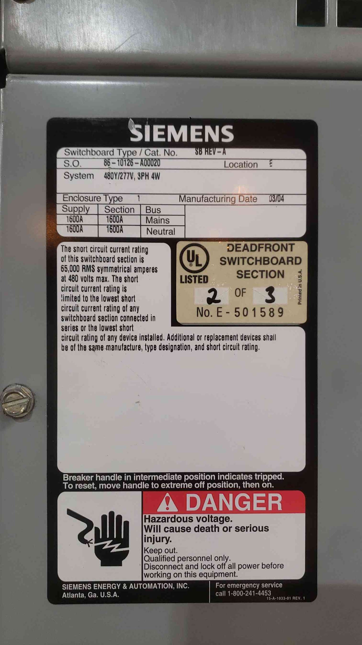 Siemens 1600A Switchboard Lineup | 480Y/277V 3P 4W | 65kA | SBA 1600 Main + (13) Feeder Breakers (SKU: 113172)