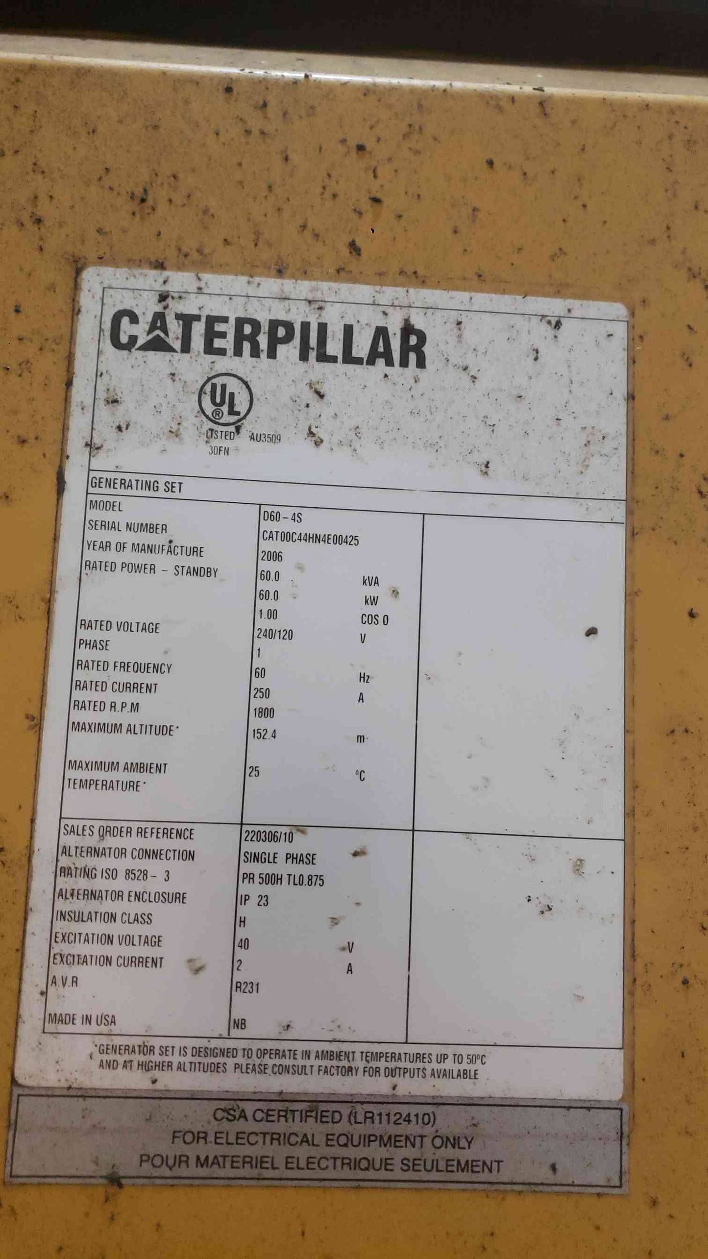 AS-IS 2006 Caterpillar D60-4S 60kW Diesel Generator CAT C4.4 120/240V 1-PH 250A Standby 414 Hrs. (SKU: 113309)
