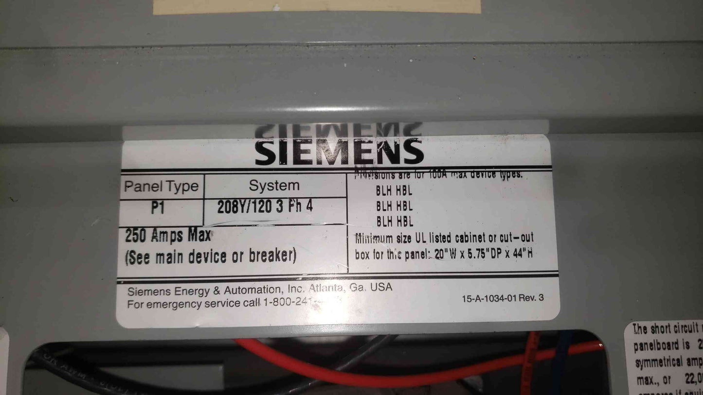 Siemens P1 250A 120/208V 3 Phase Panelboard Main Breaker 27x 20A 9x 15A P1C42QH150CTS