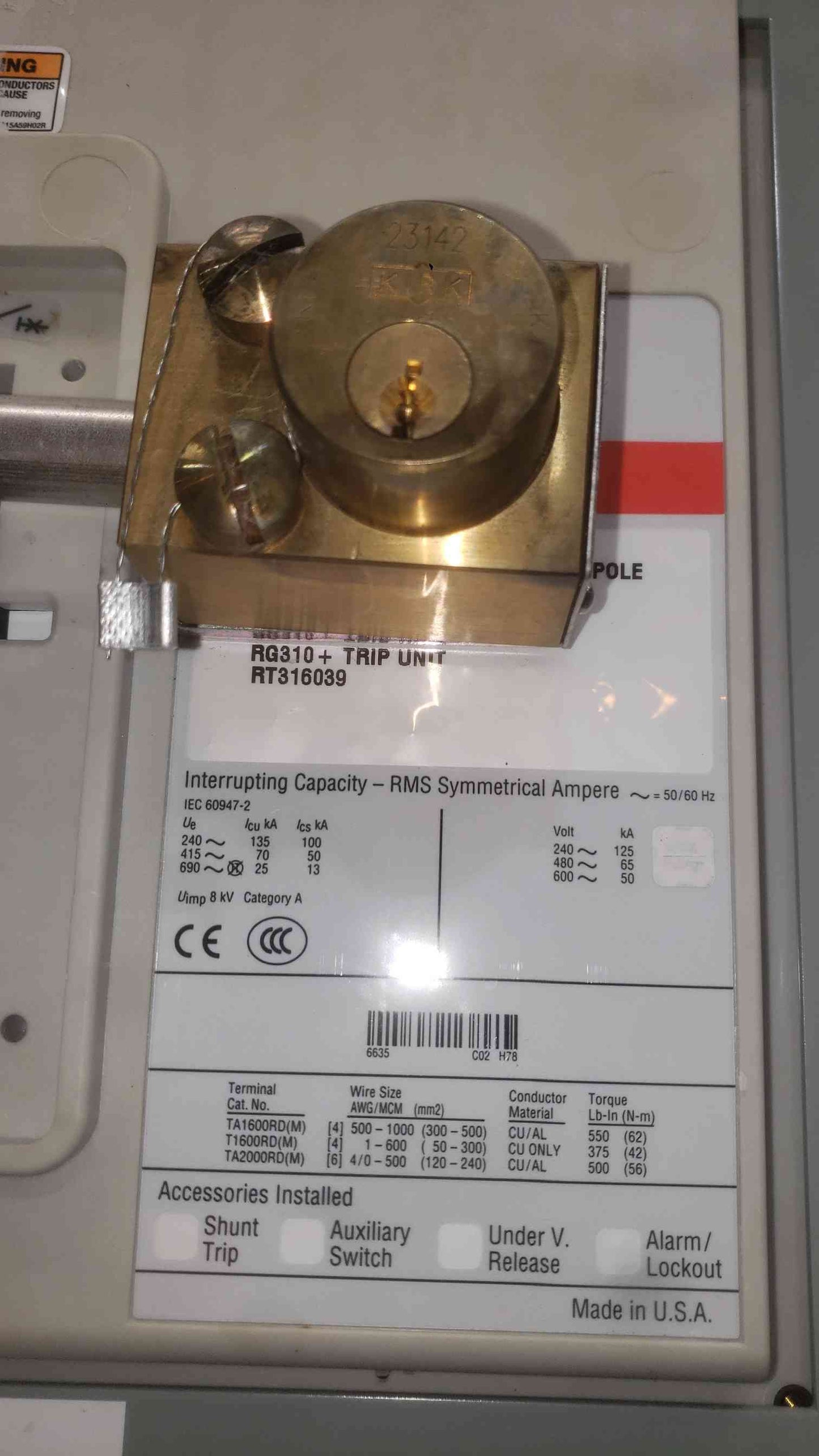Eaton Pow-R-Line Switchboard 1600A 3 Pole 480V Breaker RG310+ RT316039 LSIG ARMS