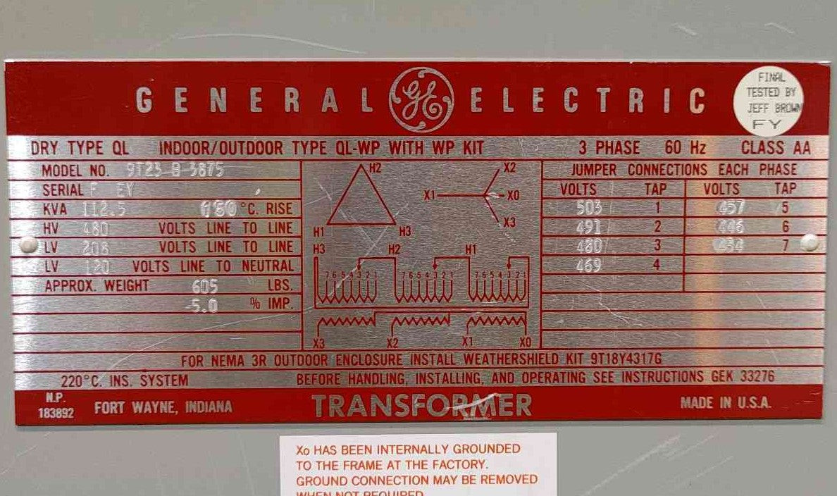 GE 112.5 KVA Transformer 9T23B3875 3 Phase 480V to 208Y/120V Dry Type QL-WP