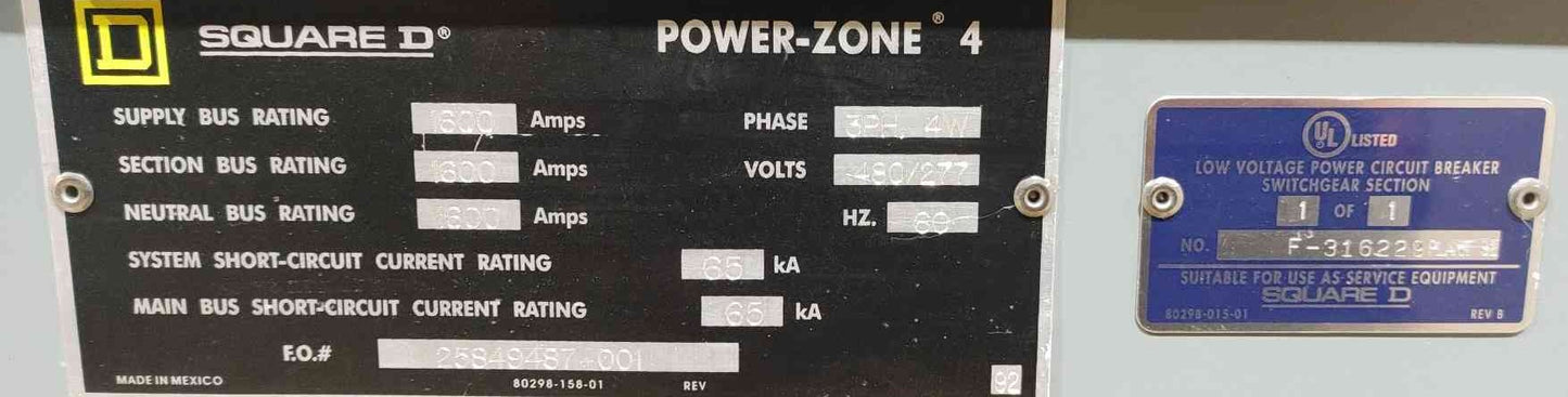Square D Power-Zone 4 Switchgear 1600A 480/277V 3PH 4W Vertical Section Empty
