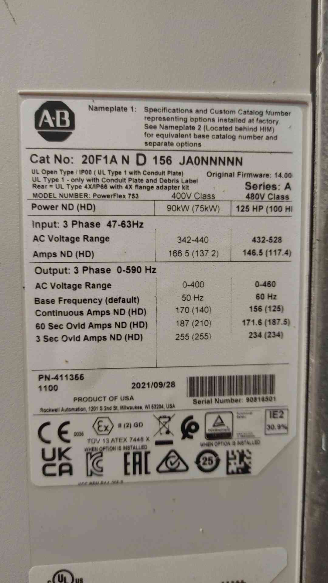 Allen Bradley PowerFlex 753 VFD Panel 125HP 480V 20F1AND156JA0NNNNN Drive Enclosure