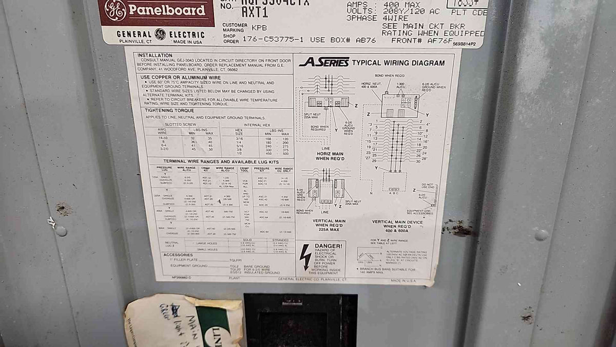 GE AQF3304CTX A-Series 400A 208Y/120V 3PH Panelboard Loaded Breakers No Cover