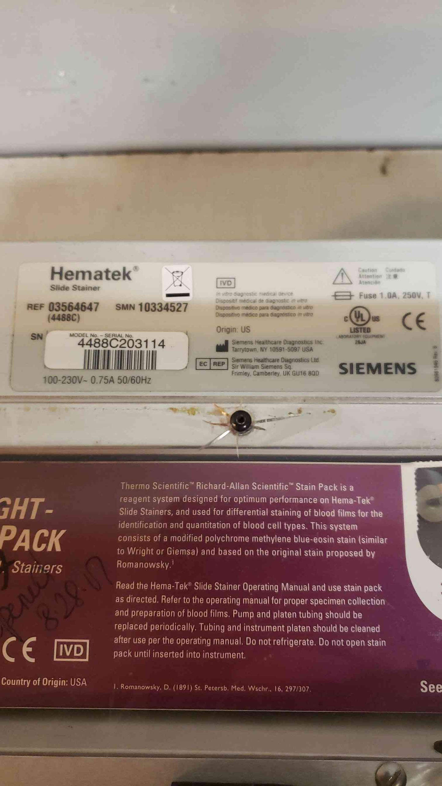 Siemens Hematek Slide Stainer 4488C203114 NOT WORKING(for parts ).