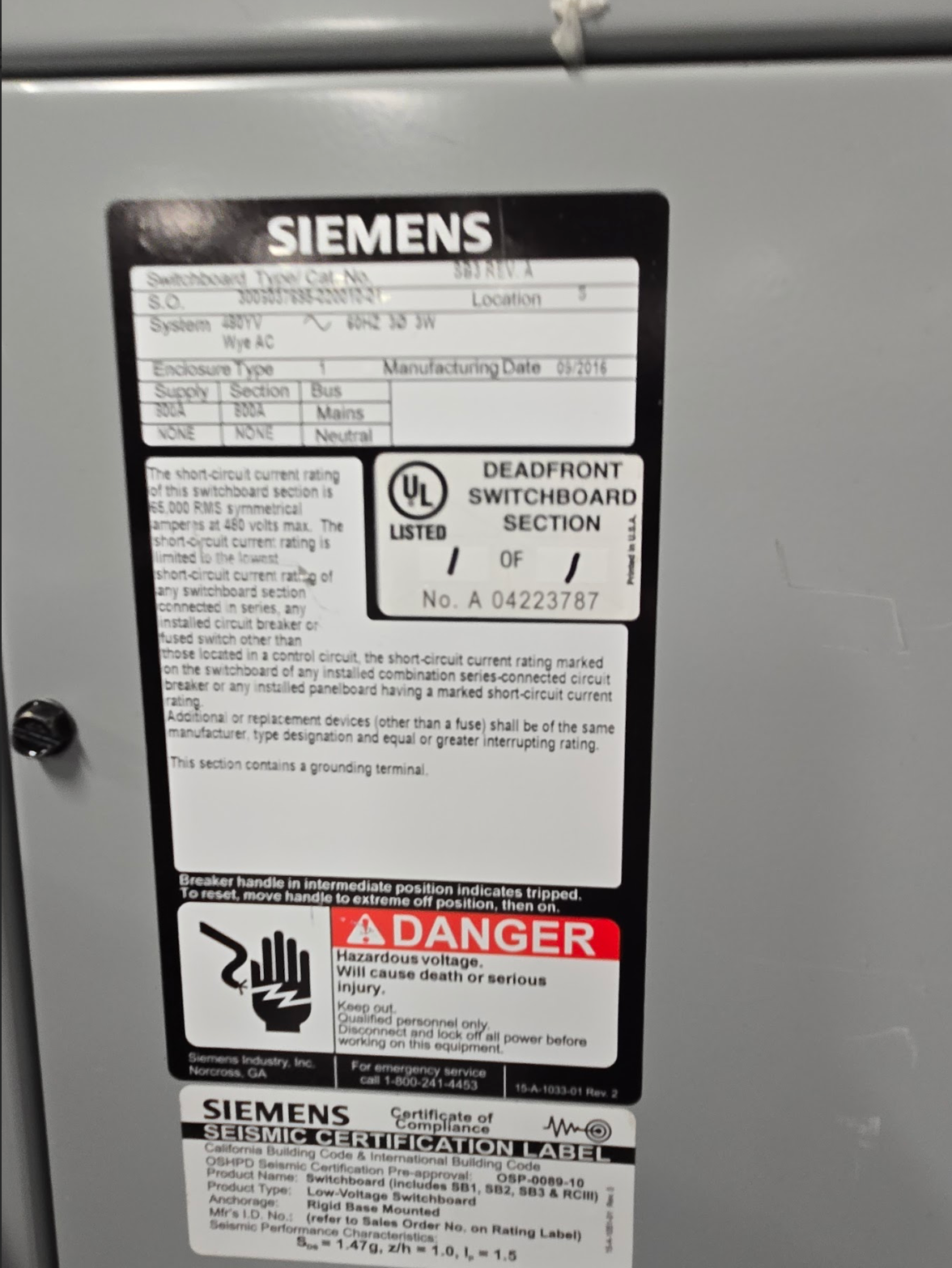 800A Siemens UPS Paralleling Switchboard & MBP 480V '16 -90601