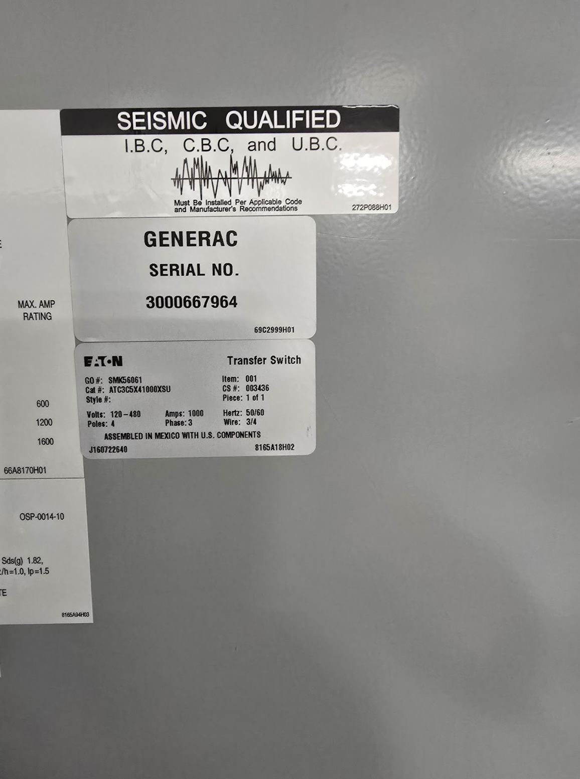 Eaton 1000A 480V ATS Automatic Transfer Switch ATC3C5X41000XSU -90601