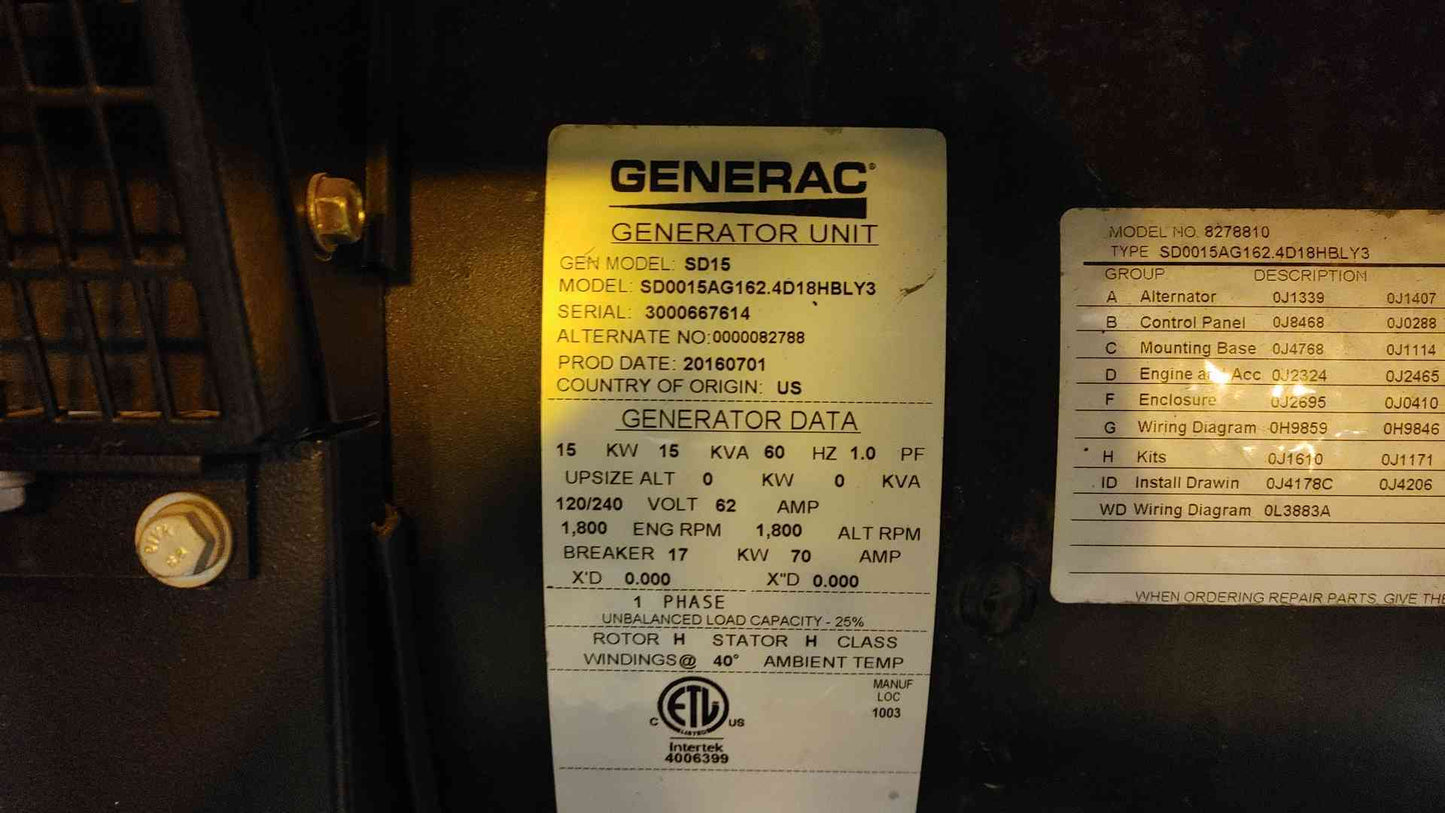 15KW Generac Generator 120/240V 1PH 168Hrs Diesel SD15 LOAD TESTED (108311)
