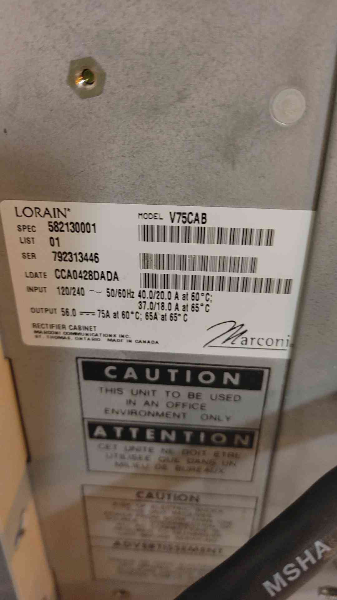 Lorain Vortex Power System Model V75CAB 48V Rectifiers & Shelf Marconi (108908)