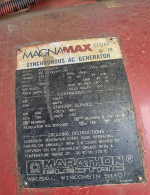 600KW Marathon MagnaMax 0B-600DAE-ON-63 Diesel Generator 3ph 277/480v 621 Hrs