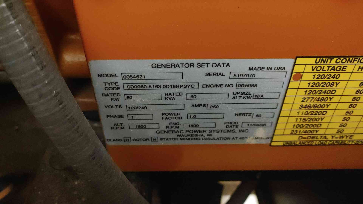 60KW Generac John Deere 5030 Diesel Generator 1PH 685Hrs (SKU: 110178)