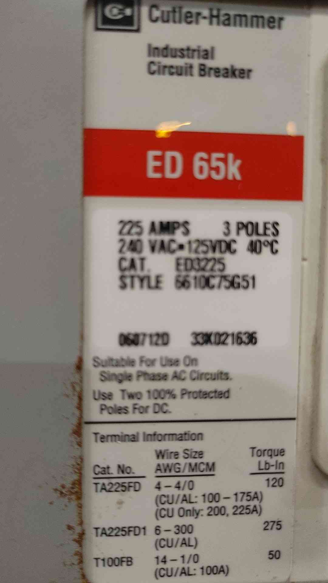 Eaton Cutler Hammer PRL1A 225A 240V 3 Phase Panelboard W/ ED3225 Main BAB Brand