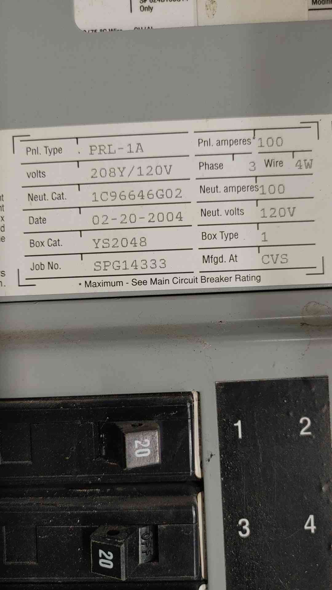 Eaton Cutler-Hammer PRL-1A Panelboard 100A 3PH Main 480V EHD3100 W/ 42x 20A GHB